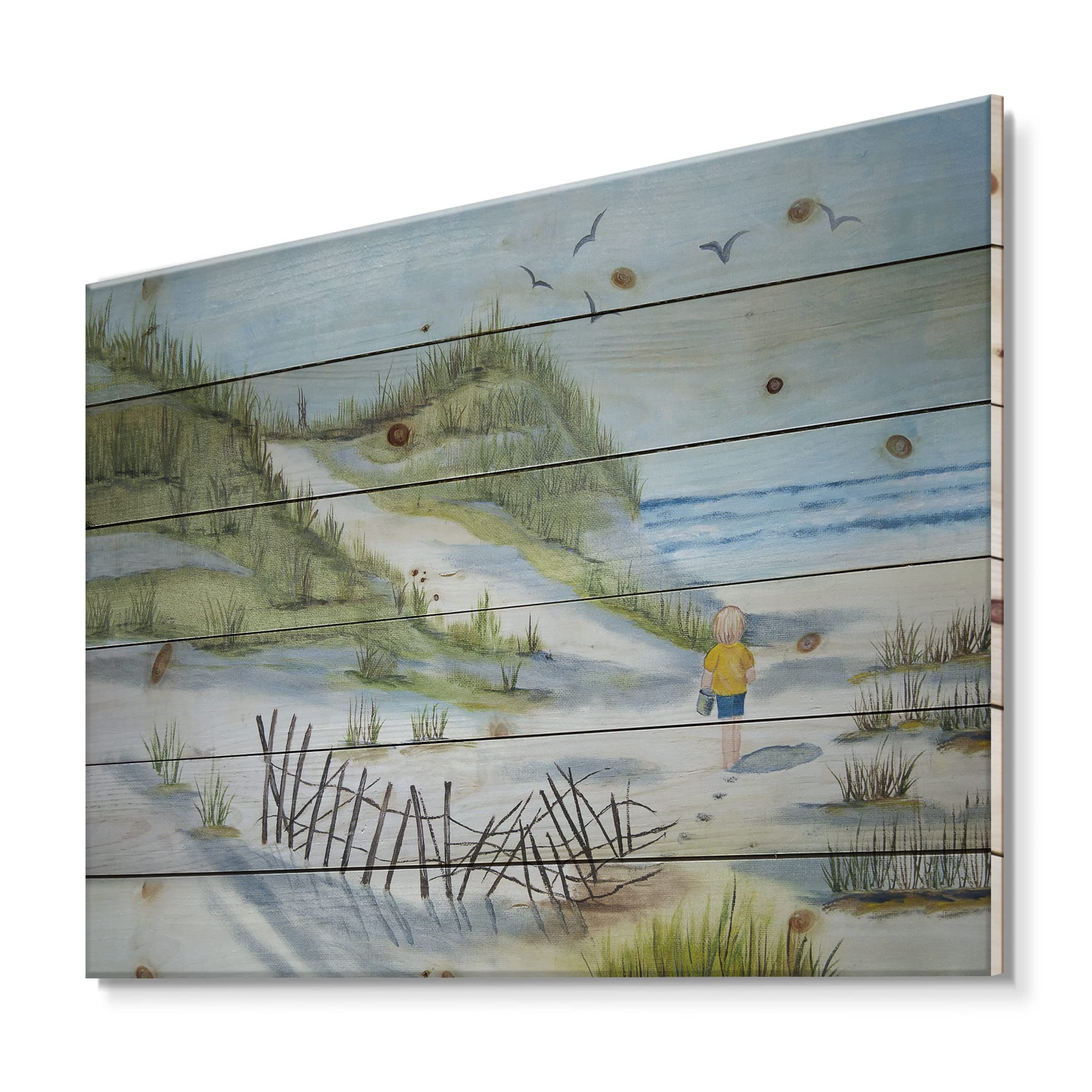DesignQ Nautical Coastal Wood Wall Art - Blue Beach-Themed Child Walking The Beach Wooden Wall Decor, Large Pine Wood Wall Panels for Nursery, Kids Room & Beach House Decor