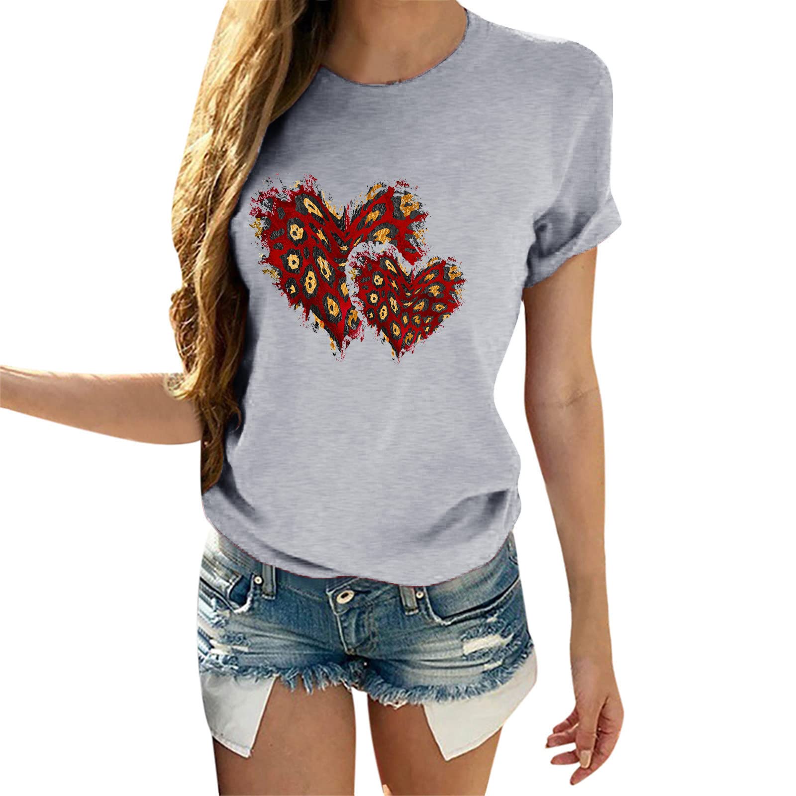 Women's Floral Print Short Sleeve Valentine's Day Blouse - Romantic Heart Design T-Shirt for Date Night, Anniversary & Special Occasions