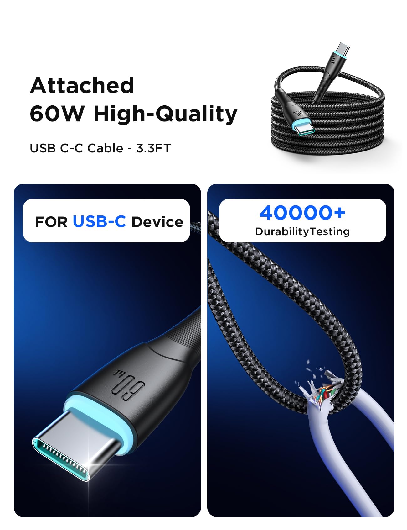 60W Fast Car Charger with Dual USB Ports & 40-inch Cable - Mini Cigarette Lighter Adapter for iPhone 16/15/14/13/12/11, Samsung S24/S23/S22 - Quick Charge for Road Trips & Daily Commute