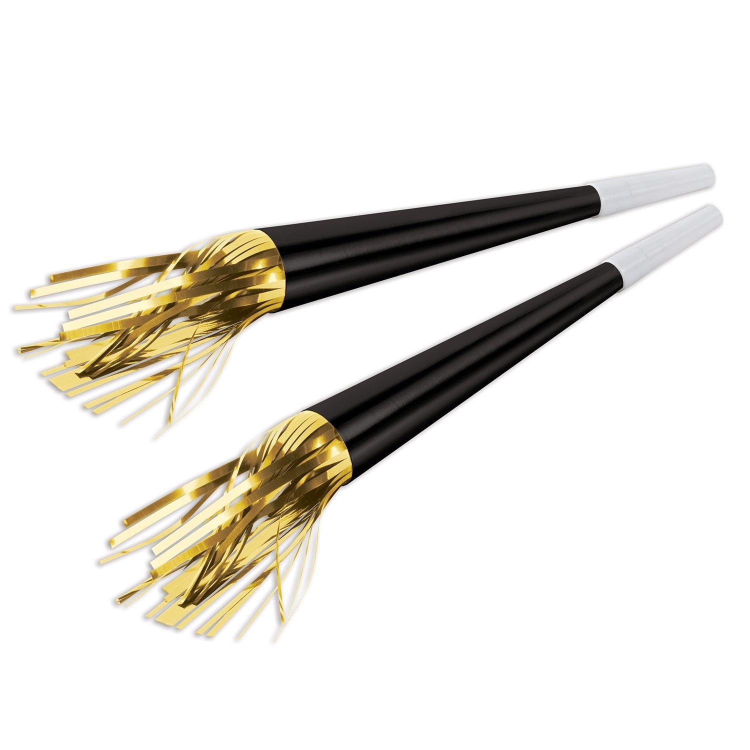 100 Pack Beistle New Year's Eve Black Foil Party Horns with Gold Tassels - Bulk Noise Makers for NYE Countdown, Birthday Celebrations & Festive Events