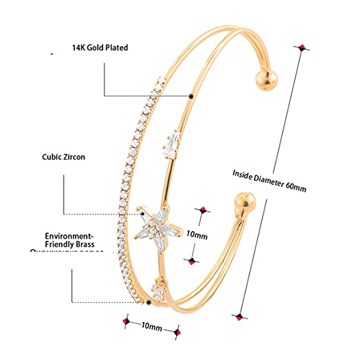 **Elegant Cubic Zirconia Star Charm Open Cuff Bangle Bracelet for Women in Gold – Perfect for Parties, Weddings & Evening Events**