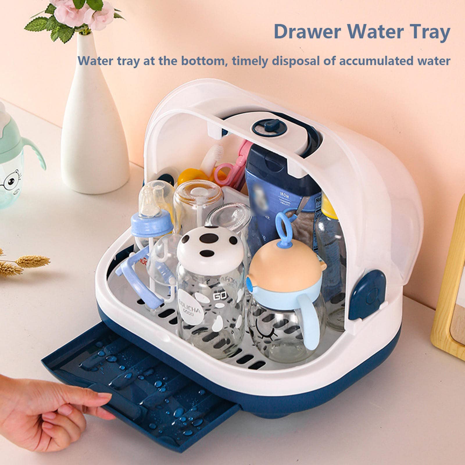 RUNLAIKEJI Baby Bottle Drying Rack & Storage Organizer with Cover - Large Anti-Dust Nursing Bottle Holder, Dish Organizer with Drain Board & Carry Handle - Perfect for Nursery, Kitchen Countertop & Travel Use