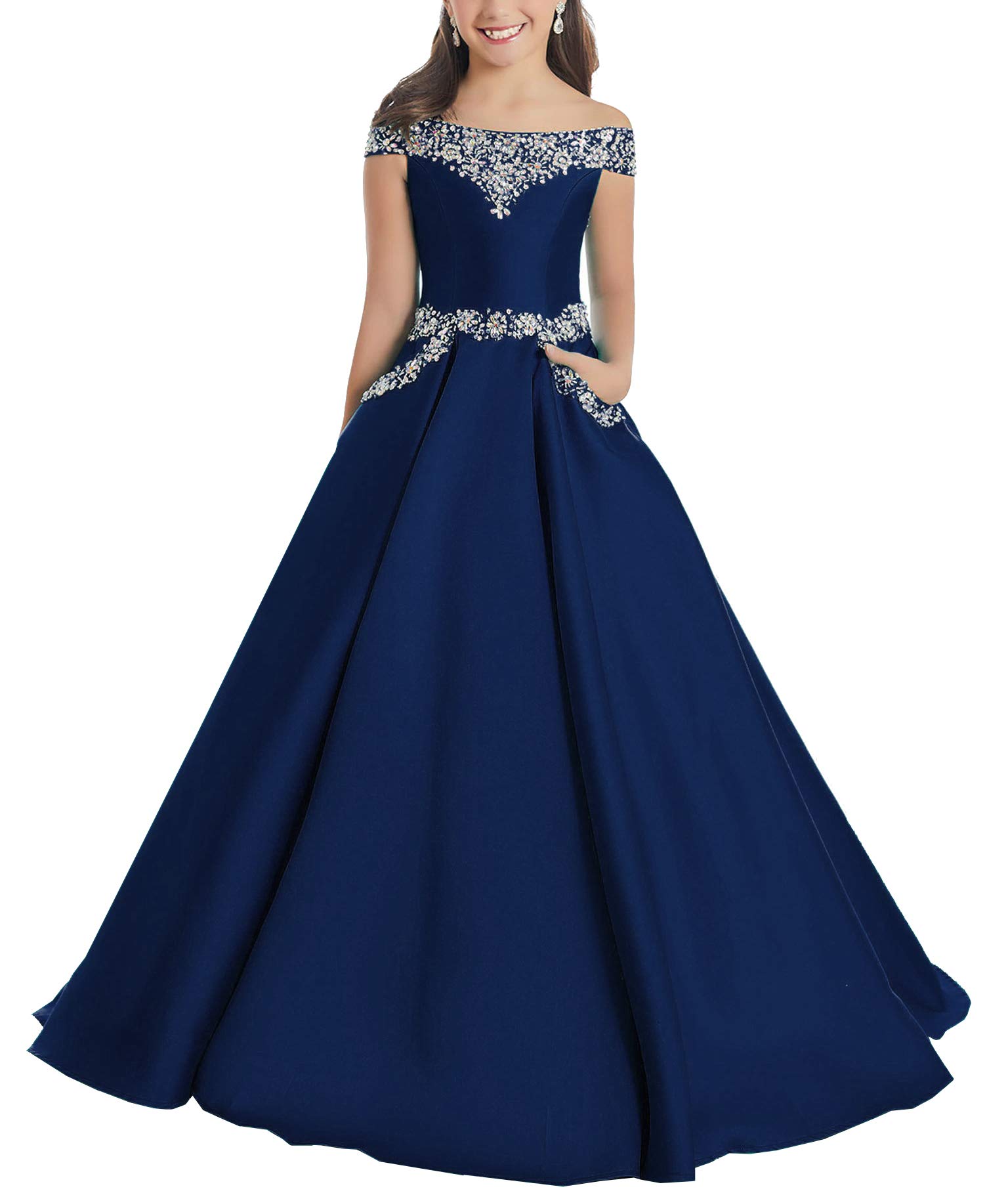Junguan Off Shoulder Flower Girl Dress Long Princess Pageant Gown with Pockets - Elegant A-Line Formal Party Ball Dress for Birthday, Wedding, Prom, Pageant & Special Occasions
