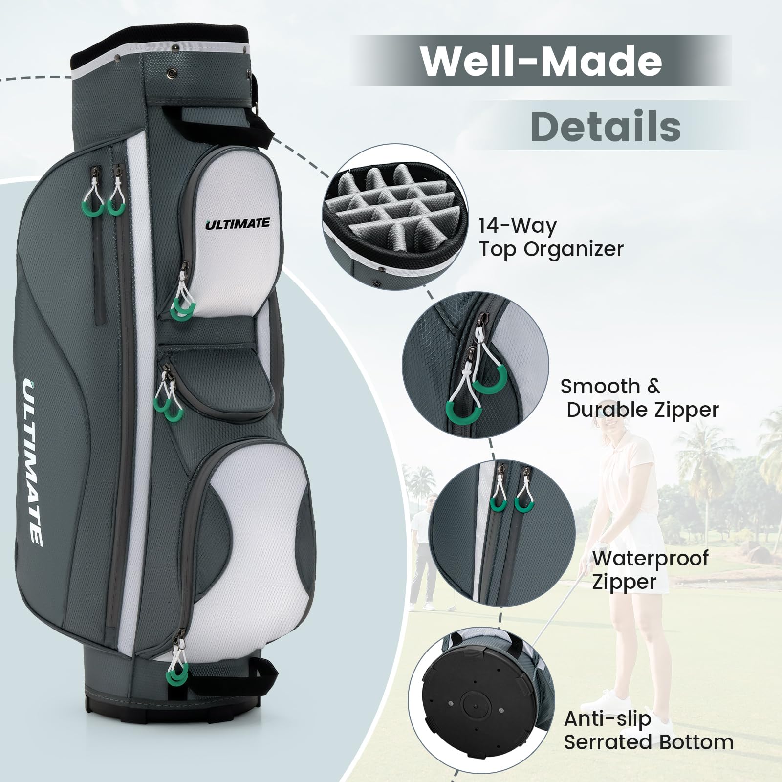 Goplus 14-Way Golf Cart Bag with 7 Zippered Pockets, Cooler Compartment & Rain Hood - Lightweight Golf Club Organizer with Detachable Shoulder Strap for Men & Women - Perfect for Course Rounds, Tournaments & Golf Vacations