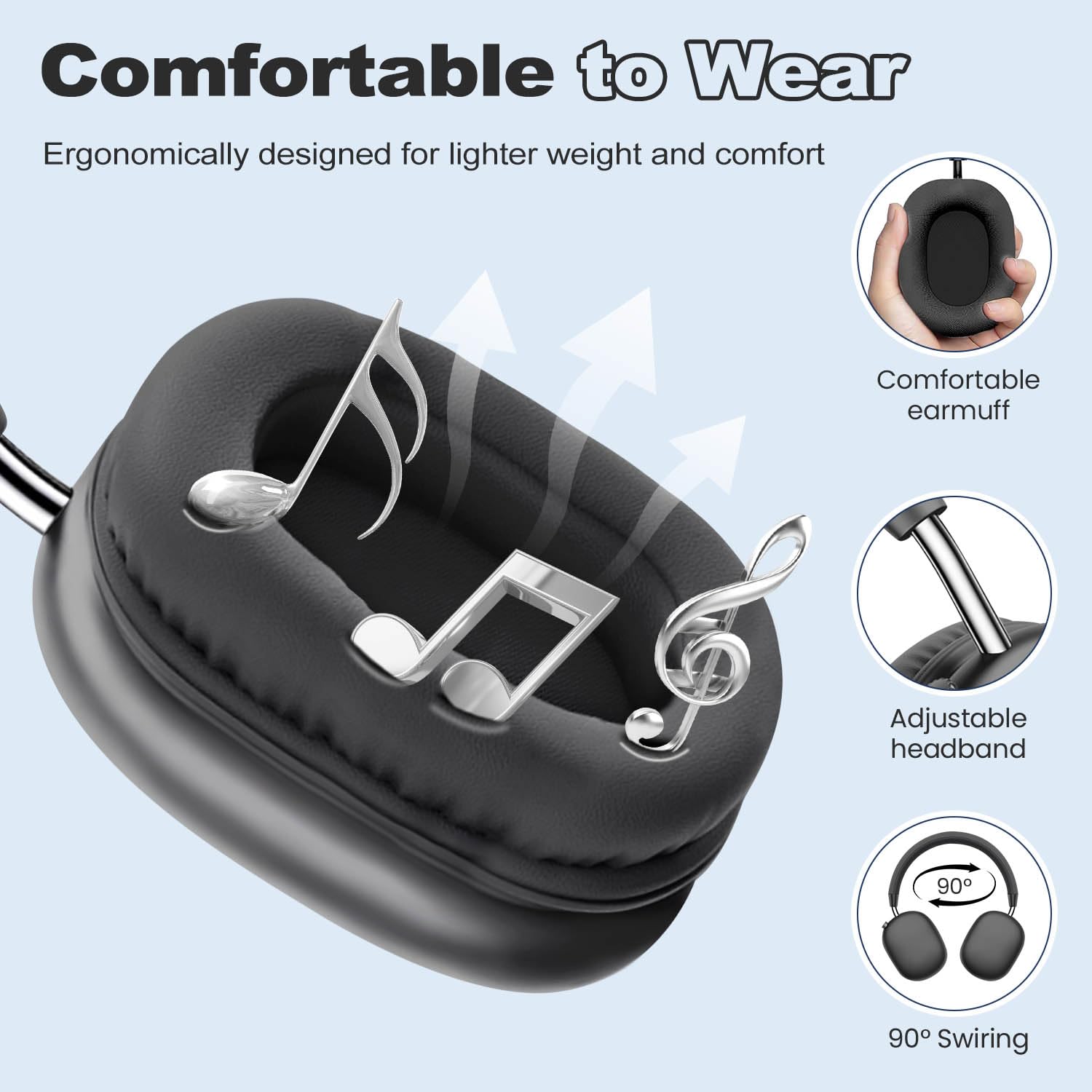 Wireless Over-Ear Bluetooth Headphones with 42-Hour Battery Life, Adjustable Headband & Volume Control - Noise Cancelling Gaming Headset for iPhone, Android, Samsung (Space Gray) - Perfect for Gaming, Running, Workouts & Travel