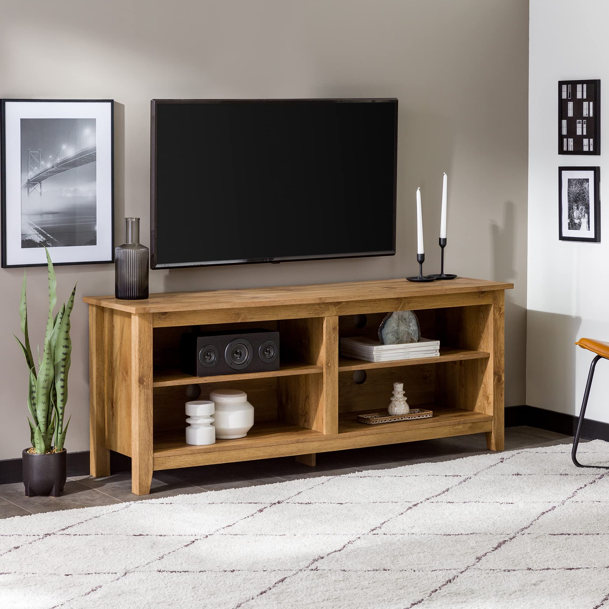 Walker Edison Wren Classic 4-Cubby TV Stand for 58-65 Inch TVs, Rustic Barnwood Finish - Perfect for Living Room, Bedroom & Home Theater Entertainment Centers
