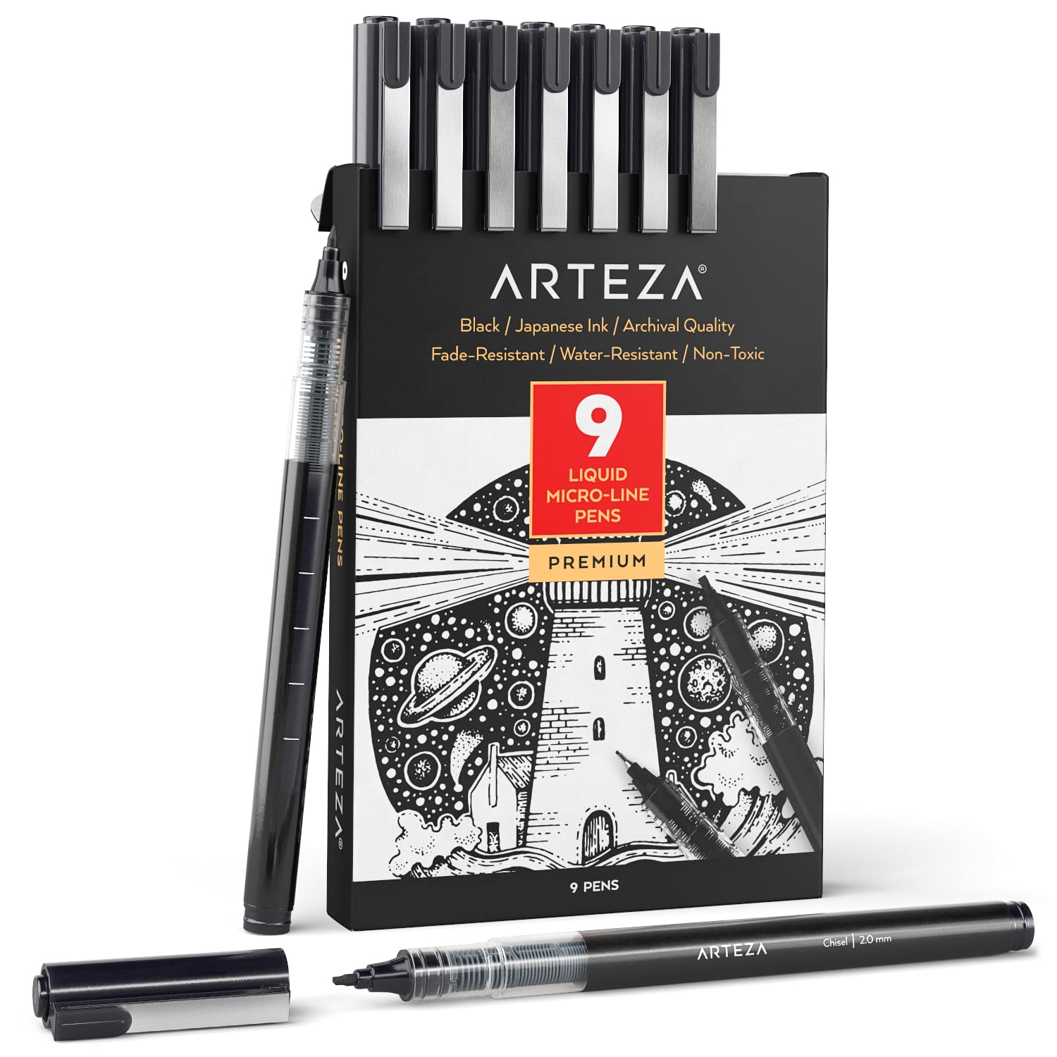 ARTEZA Micro-Line Ink Pens Set of 9 - Black Fineliners with Japanese Archival Ink for Drawing, Sketching & Calligraphy - Perfect Art Supplies for Comic Artists, Illustrators & Bullet Journaling