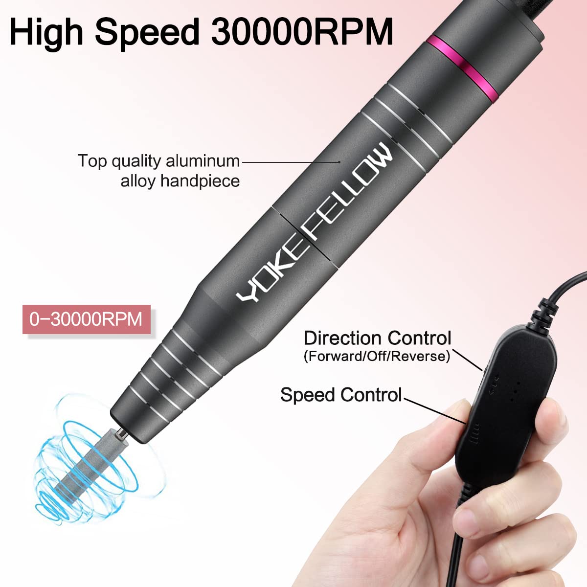 Professional Electric Nail Drill Kit - 30000RPM USB Rechargeable Manicure & Pedicure Machine for Acrylic, Gel Nails, Cuticle Care - Portable Nail File Polisher with Drill Bits - Perfect for Home Salons, Travel & DIY Nail Art (Gray)