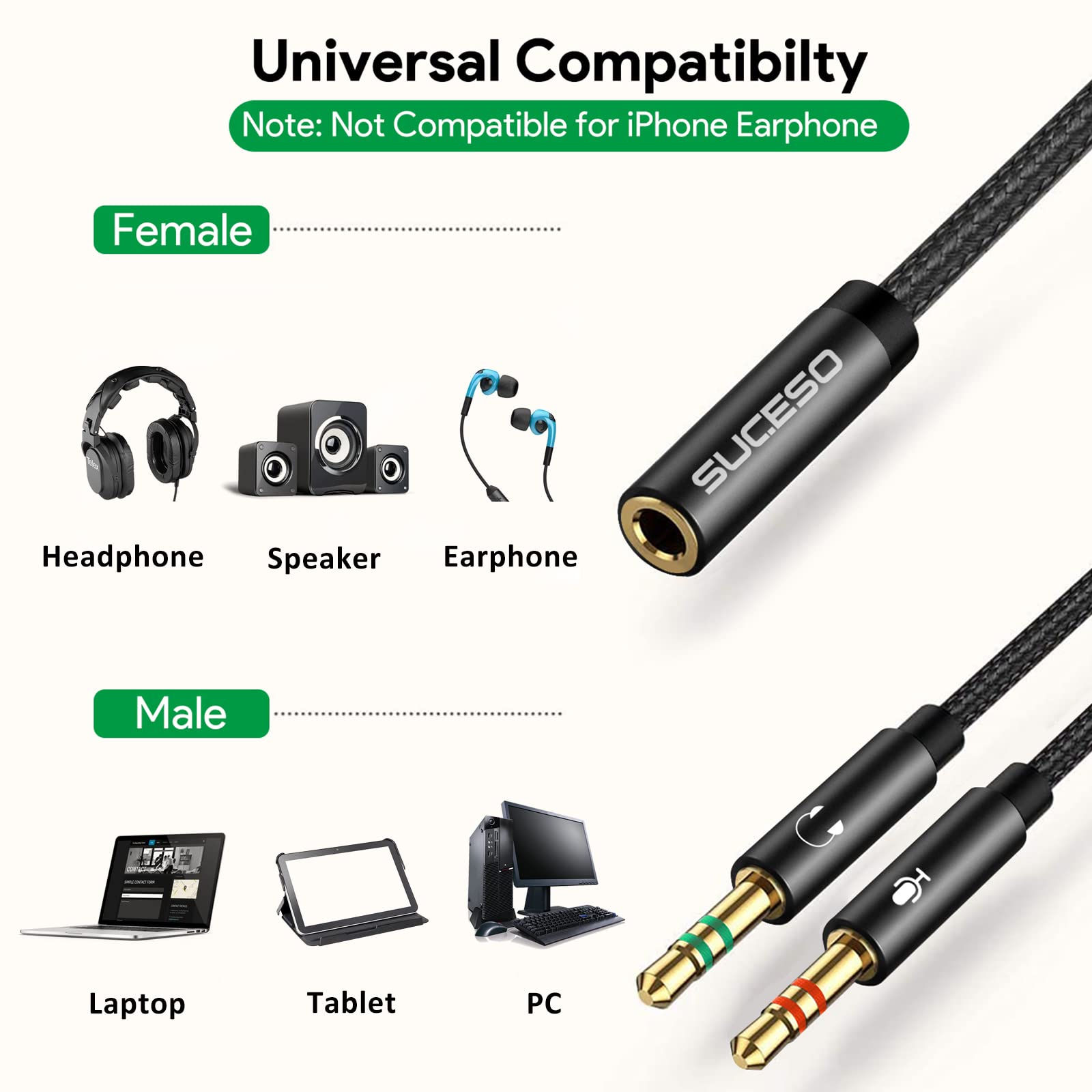 SUCESO 3.5mm Headphone Mic Splitter Cable - CTIA Standard Headset Adapter, Female to Dual Male Audio Y Splitter (1m Black) for PC, Computer, Xbox Gaming Headset, Speaker - Perfect for Gaming, Streaming & Conference Calls