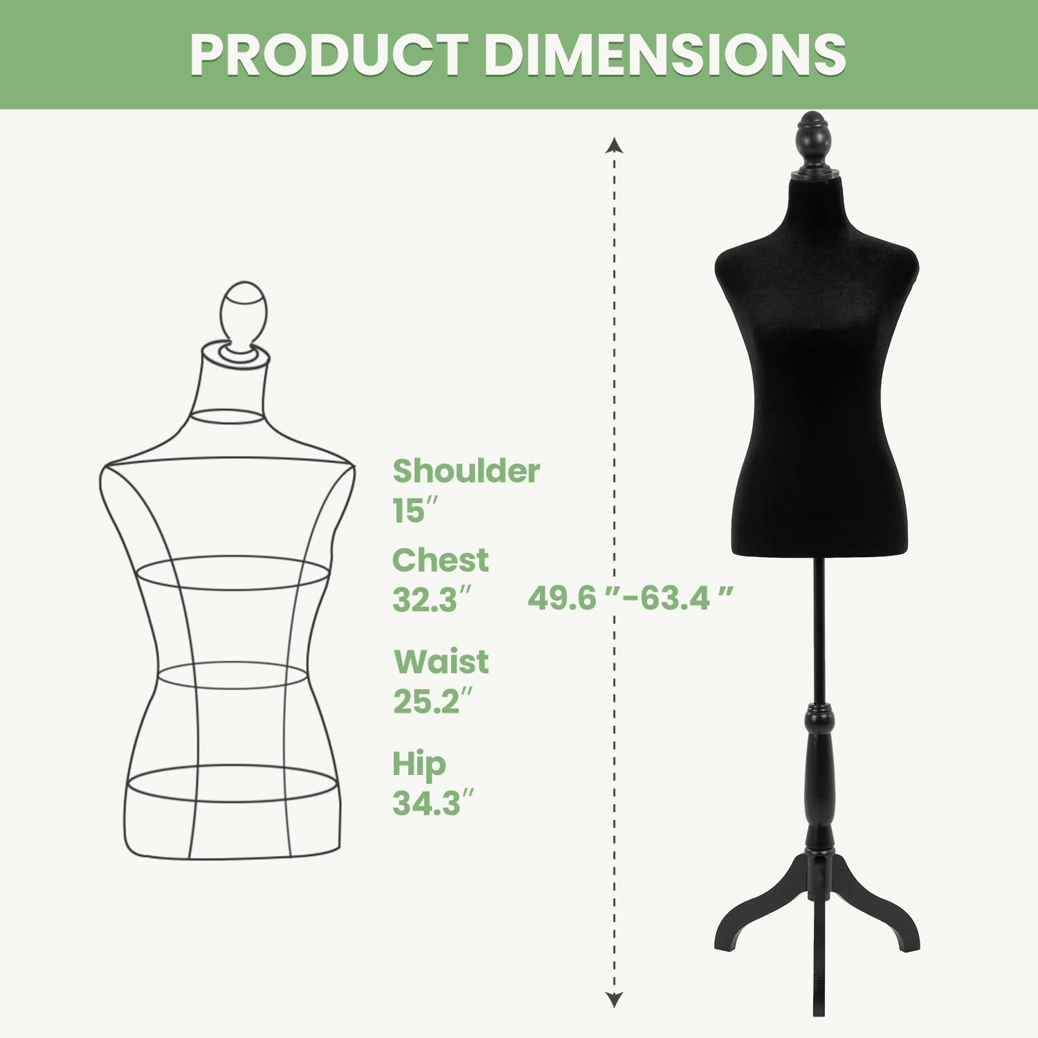 Adjustable Female Dress Form Mannequin for Sewing & Tailoring - Black Body Mannequin Stand for Clothing Design, Fitting, and Alterations | Perfect for Fashion Designers, Seamstresses & DIY Sewing Projects
