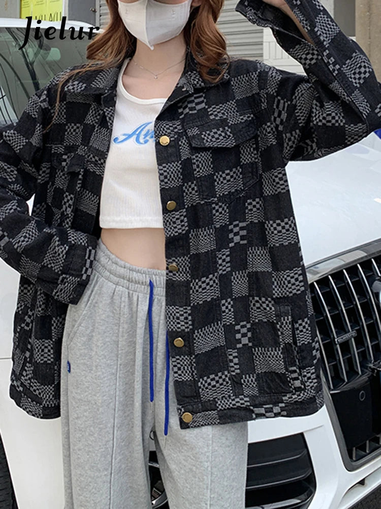 Stylish Women's Autumn Korean Fashion Denim Jacket - Loose Fit Retro Blue Black Plaid Checkerboard Coat for Casual Outings and Layering