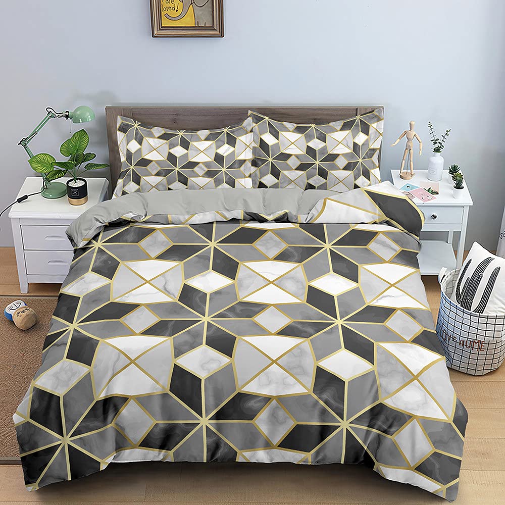 Luxury Geometric Marble Duvet Cover Set - Microfiber Comforter Set for Twin, Full, Queen & King - Includes Pillowcases - Soft & Breathable Bedding for Kids & Adults - Queen Size 3pc (229x229cm) - Perfect for Modern Bedrooms, Guest Rooms & Dorm Decor