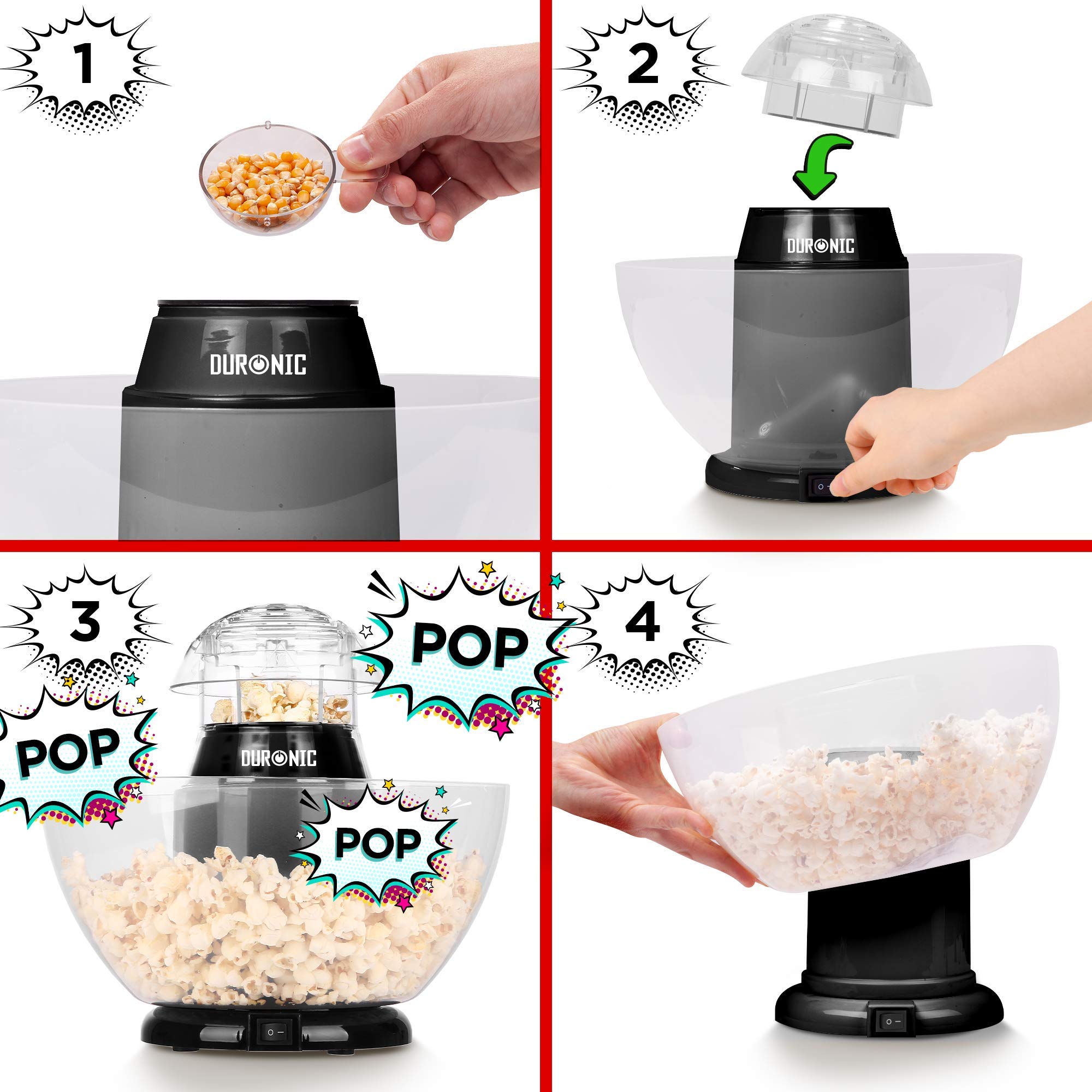 Duronic POP50/BK Hot Air Popcorn Maker - Healthy Oil-Free Homemade Popcorn Machine for Low Calorie Snacks - 1200W with Measuring Cup & Serving Bowl - Perfect for Movie Nights, Parties & Family Snack Time