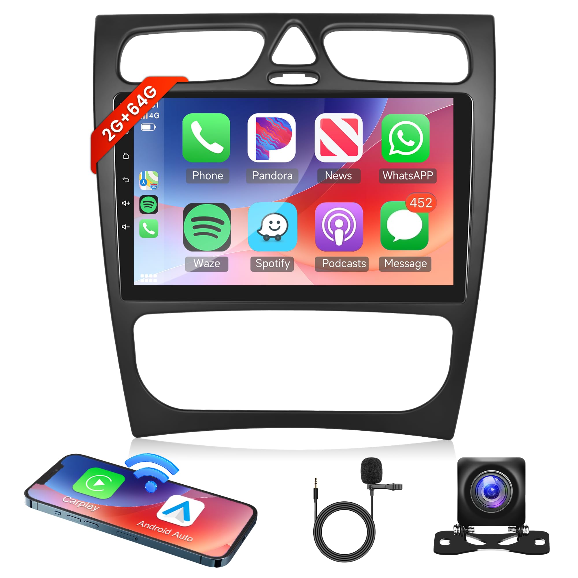 2G+64G Wireless CarPlay Android Auto 2 Din Car Stereo for Mercedes Benz C Class CLK S203 W203 W209 A209 2012-2016 | 9 Inch Touchscreen with GPS Navigation, WiFi, Mirror Link, Bluetooth, FM/RDS & Backup Camera | Perfect for Commuting, Road Trips & Hands-Free Driving