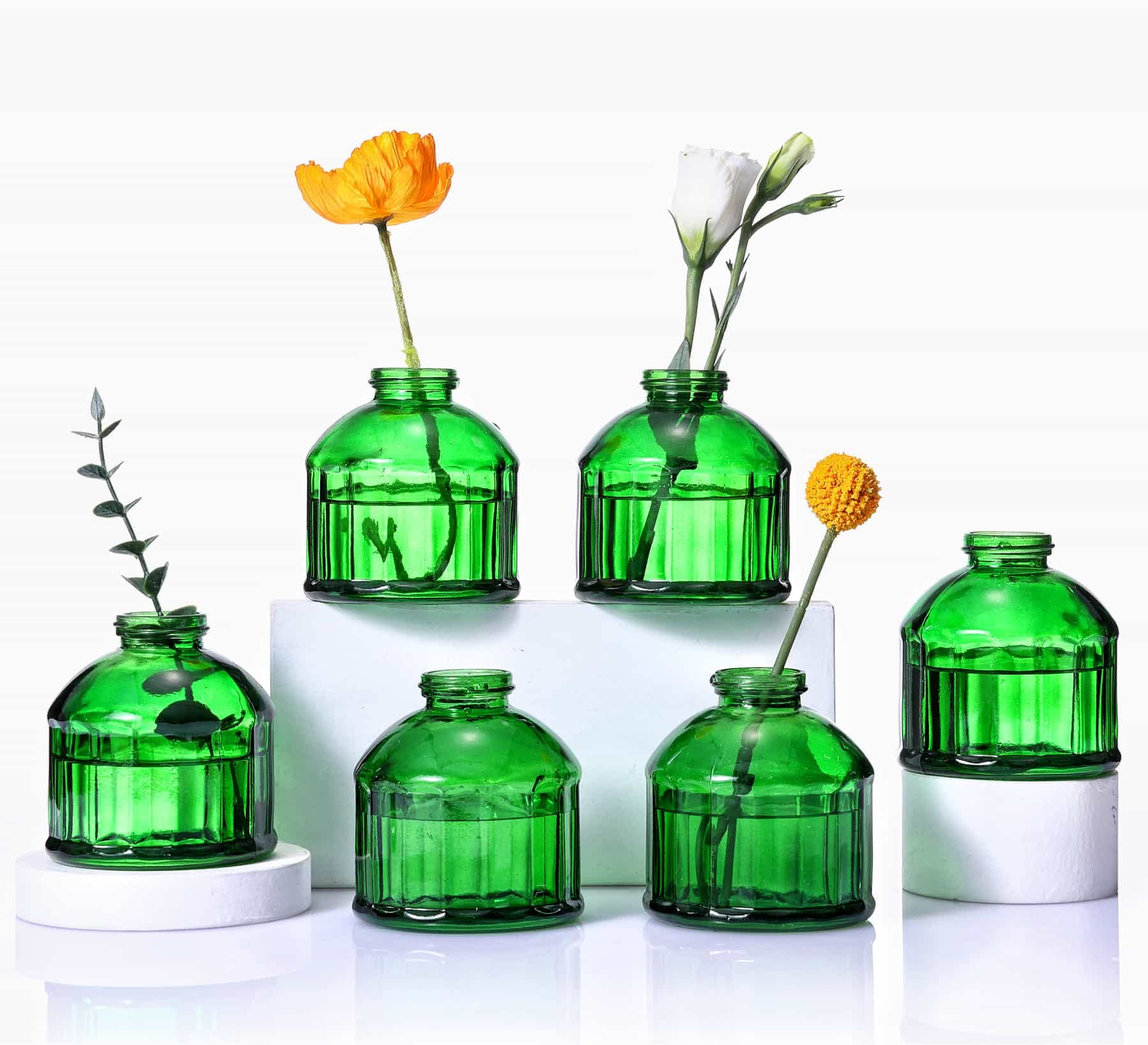 6-Piece Glass Bud Vase Set - Small Floral Arrangement Bottles for Home, Office & Wedding Decor - Rustic Centerpiece Vases for Living Room, Dining Table & Events (Green) - Perfect for DIY Bouquets, Table Settings & Gift Packaging