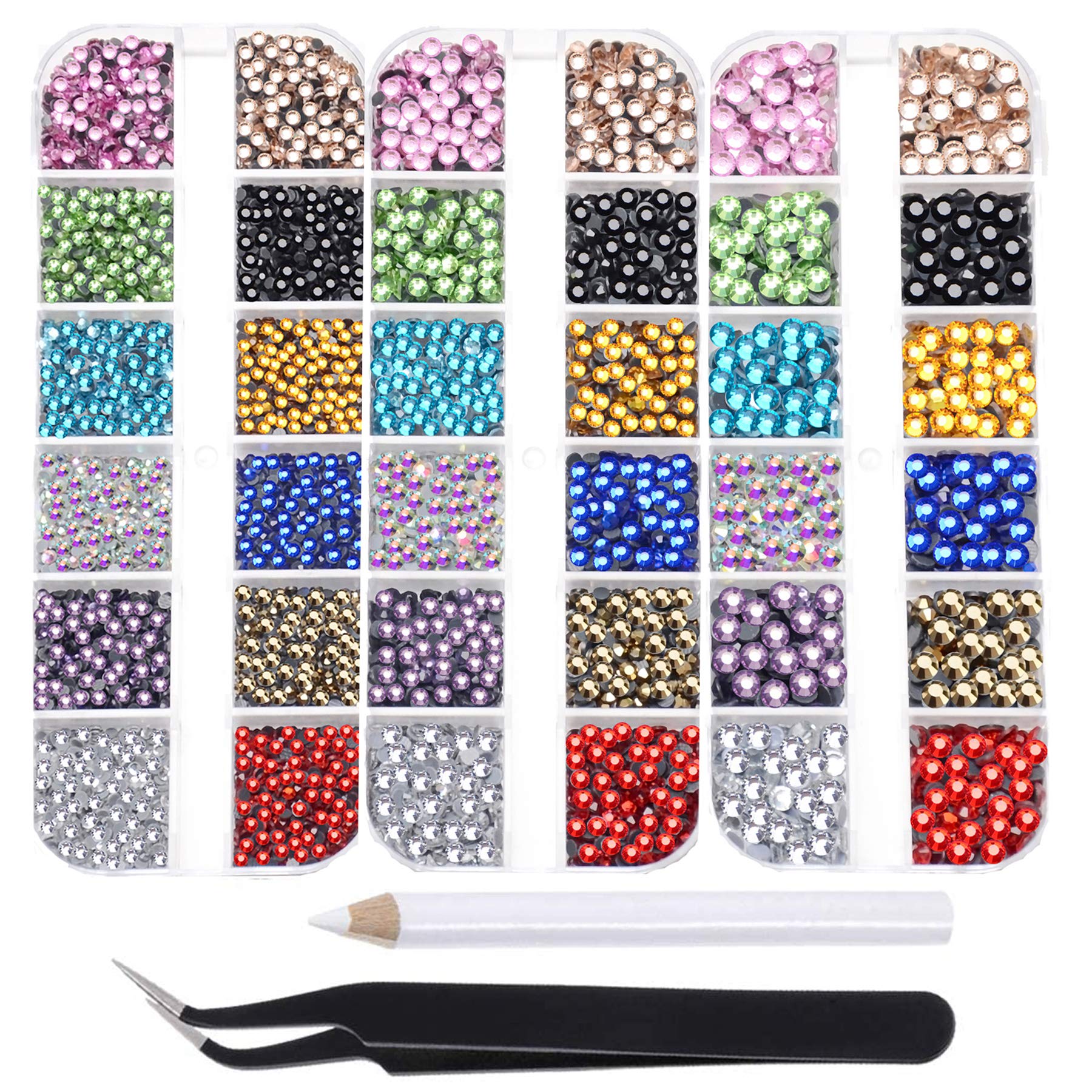 10,000pcs Flatback Glass Hotfix Rhinestones - 12 Colors & 3 Sizes - DIY Crystal Beads for Shoes, Clothes, Bags, Nails - Includes 1 Tweezer & 1 Picking Pen - Perfect for Fashion Design, Costume Jewelry, Face Art and Craft Projects