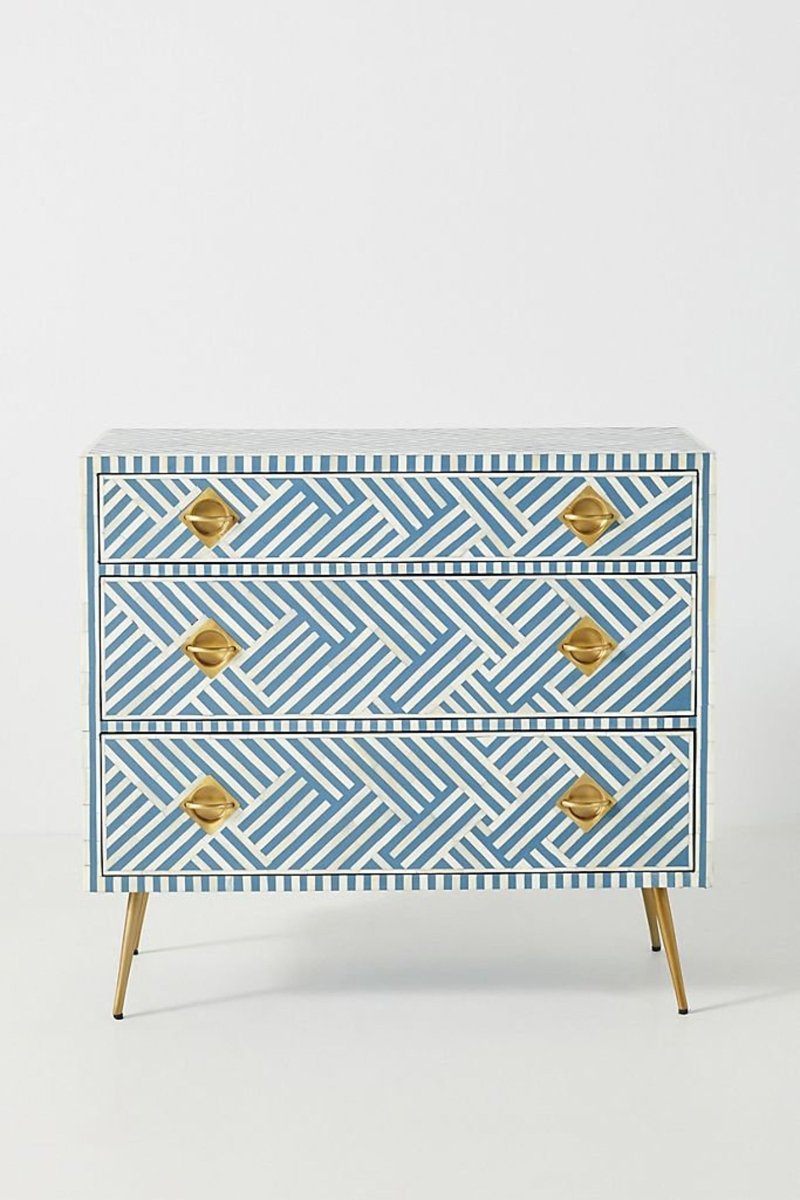 Handmade Bone Inlay 3-Drawer Dresser - Sky Blue & White Vintage Style Chest - Perfect for Bedroom, Living Room & Home Decor Storage