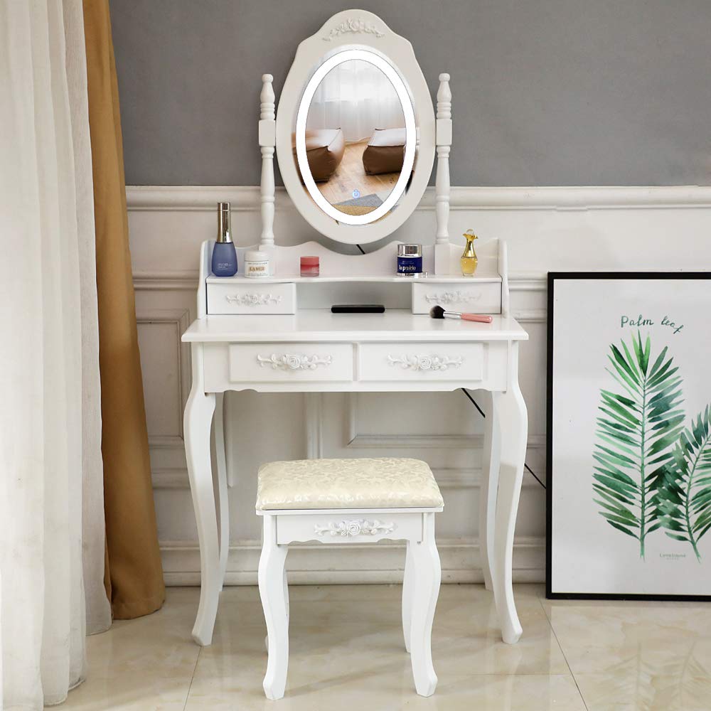 Stylish HOMEN Vanity Table Set with LED Mirror & 4 Drawers - Perfect for Bedroom Makeup Dressing & Beauty Organization
