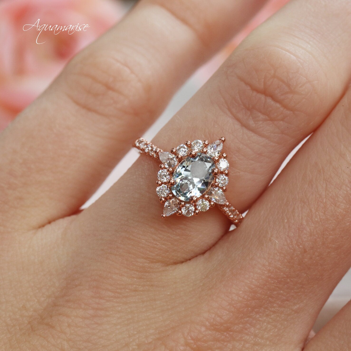 14K Rose Gold Vermeil Aquamarine Ring for Women - Elegant March Birthstone Jewelry Gift for Her - Perfect for Engagement, Anniversary & Special Occasions