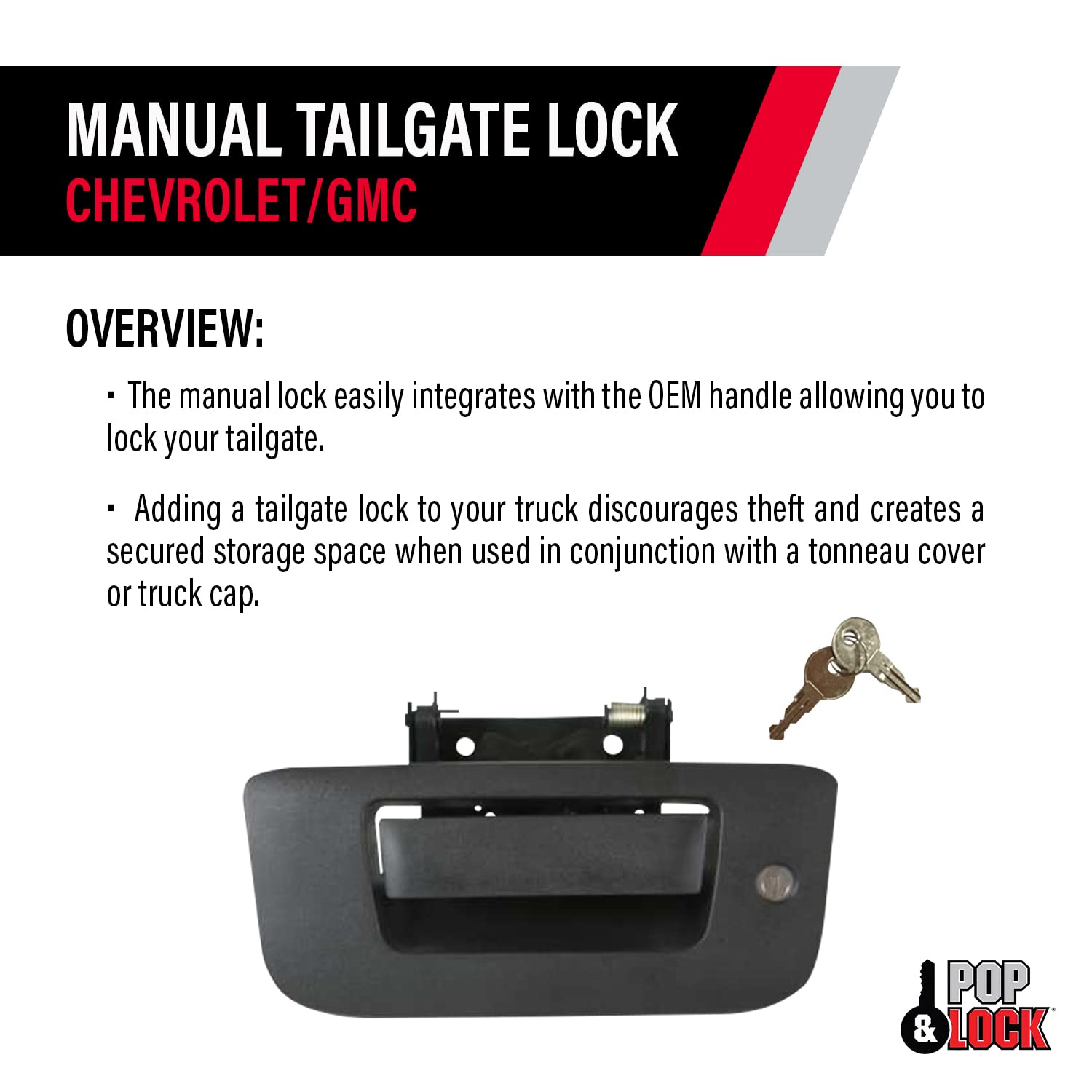 Pop & Lock PL1310 Black Manual Tailgate Lock for Chevy/GMC Trucks (New Body Style) - Secure Your Pickup Bed & Protect Cargo from Theft