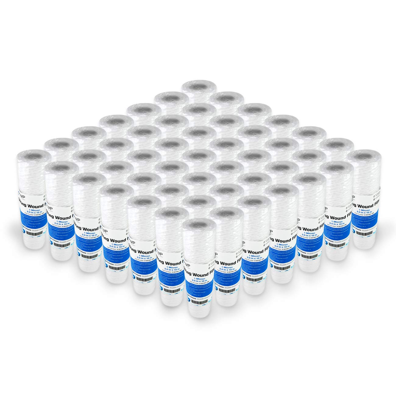 String Wound Sediment Water Filter Cartridge 2.5x10 Inch 1 Micron 50 Pack – Ideal for Whole House Filtration, Well Water, and Industrial Applications