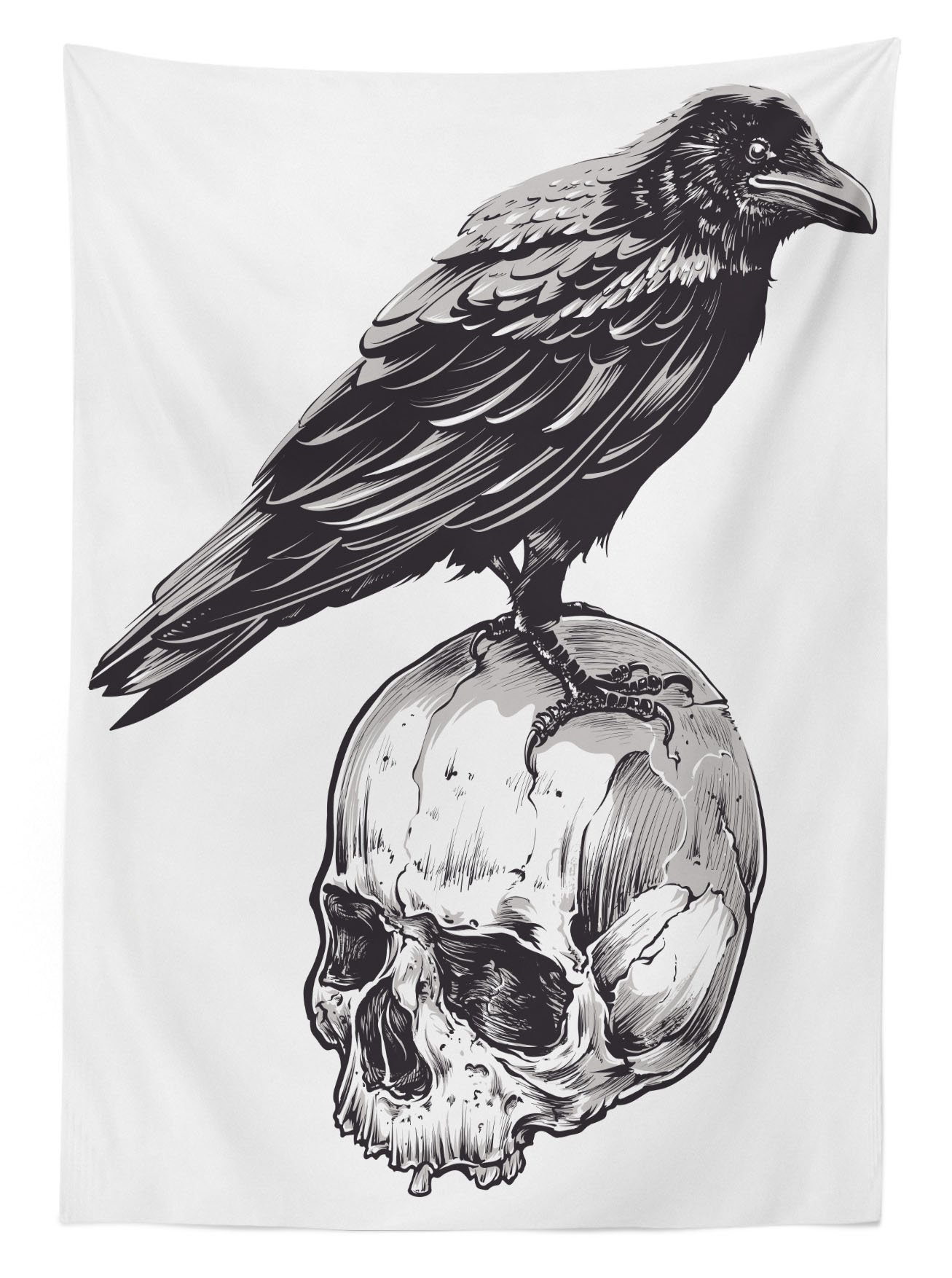 Ambesonne Halloween Tablecloth - Scary Crow on Human Skull Sketch Design, Washable Outdoor Picnic Table Cover 58x120 Inches, Charcoal Grey & White - Perfect for Spooky Parties, Horror Movie Nights & Halloween Decorations