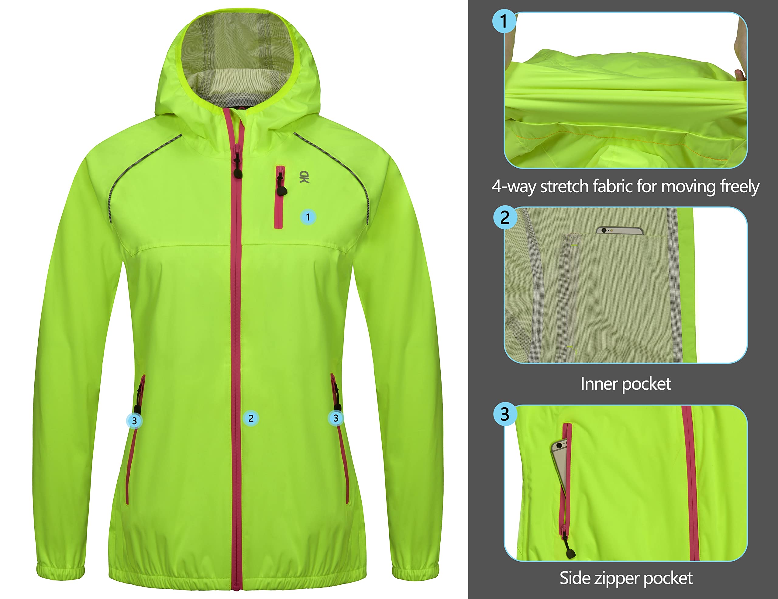 Little Donkey Andy Women's Lightweight Waterproof Cycling Jacket with Hood - Windproof, Stretchable & Packable Raincoat for Biking, Hiking & Outdoor Activities