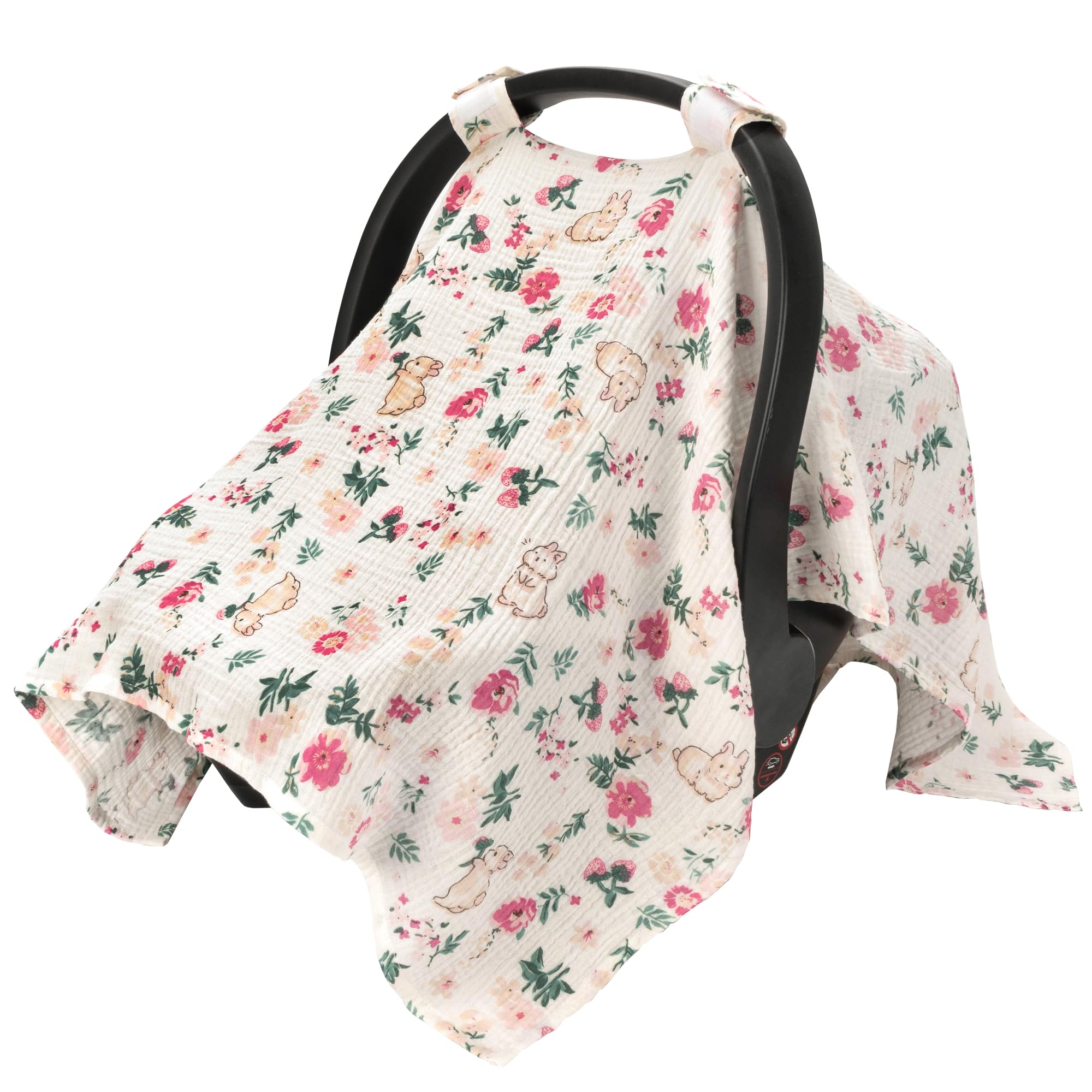 SERAPHY 100% Muslin Cotton Baby Car Seat Cover - Universal, Breathable Infant Car Seat Canopy for Boys & Girls - Soft Summer Car Seat Protector with Rabbit Design - Perfect for Strollers, Travel & Outdoor Adventures