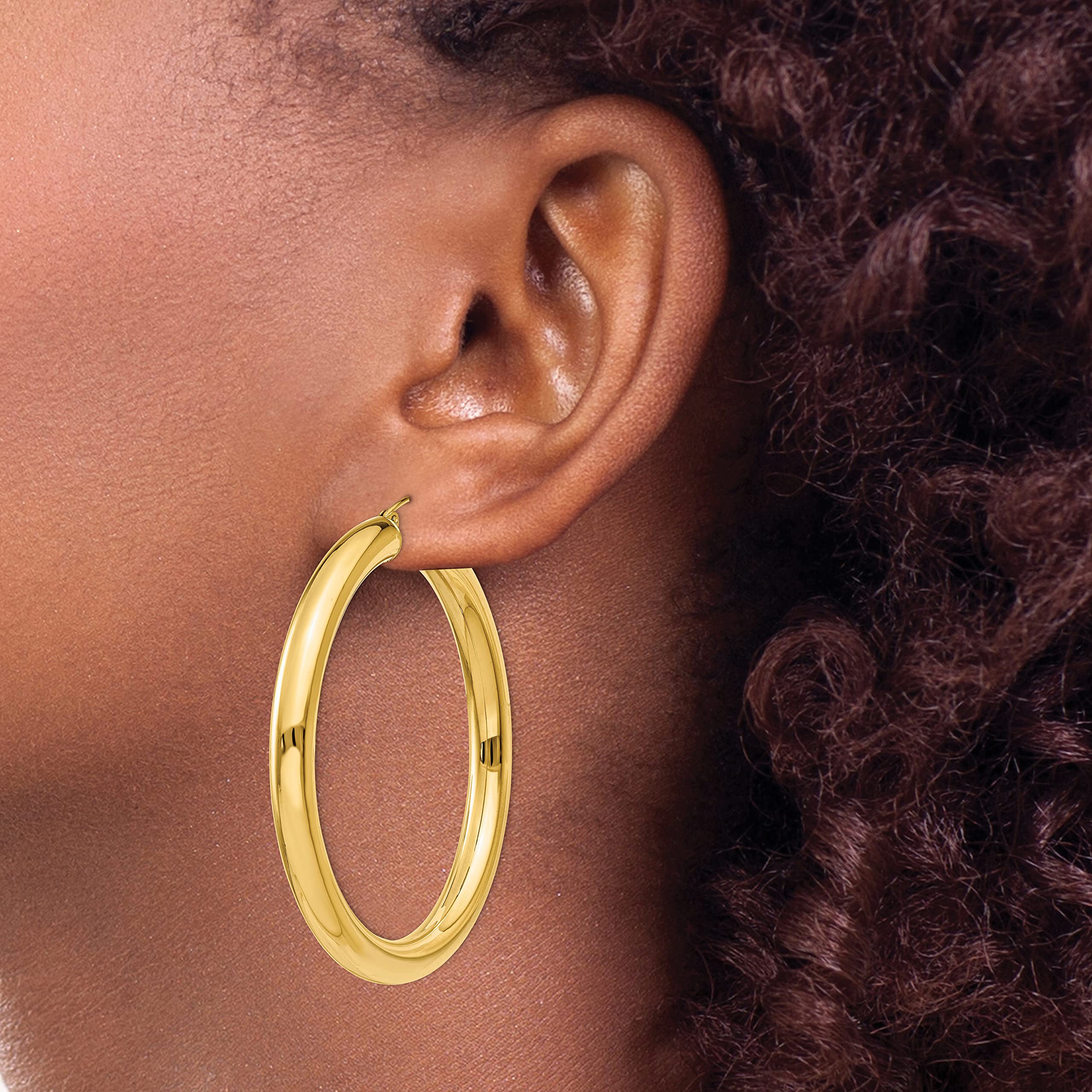 14K Yellow Gold Polished 5mm Tube Hoop Earrings for Women - 50mm Diameter Classic Dangle Earrings | Elegant Everyday Jewelry, Perfect for Parties, Weddings & Office Wear
