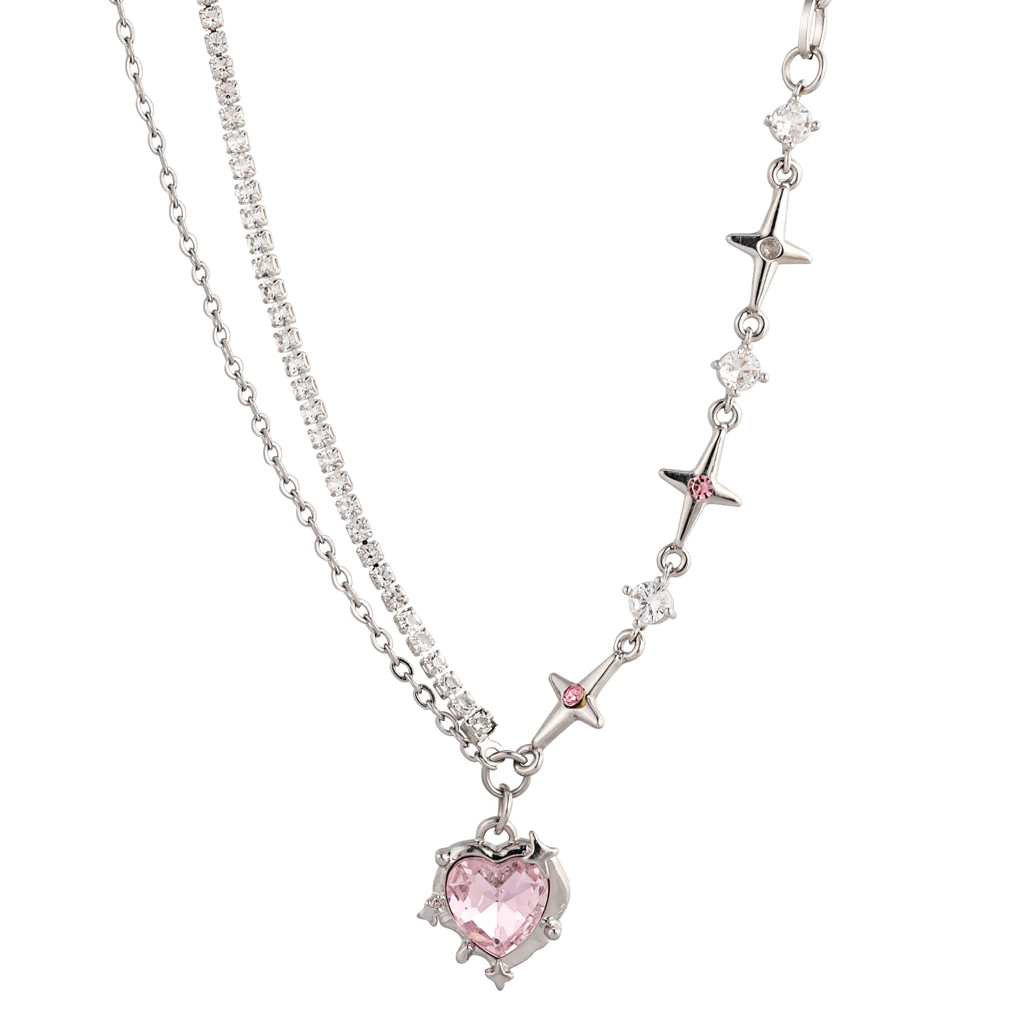 Y2K Heart Diamond Necklace for Women - Crystal Silver Pendant Aesthetic Asymmetric Chain Jewelry - Perfect for Valentine's Day, Anniversary Gifts & Everyday Fashion Accessory