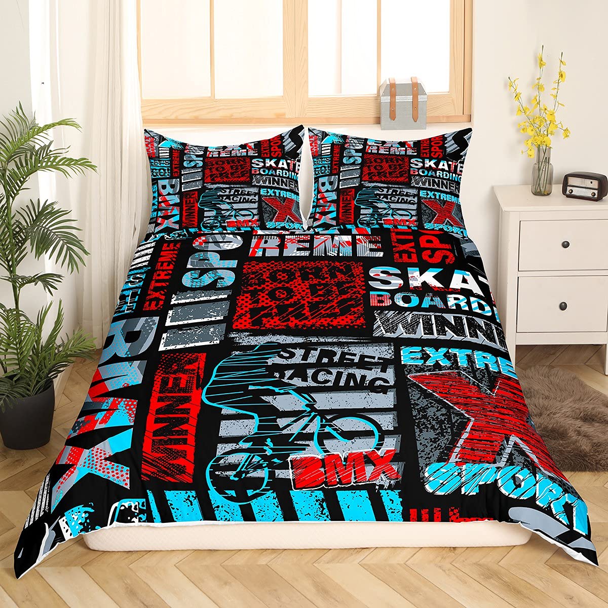 Boys BMX Duvet Cover Set - Extreme Sports Themed Bedding for Kids & Teens - Twin Size with 1 Pillowcase - Teal & Red - Perfect for BMX Racing Fans, Gaming Rooms & Adventure-Themed Bedrooms