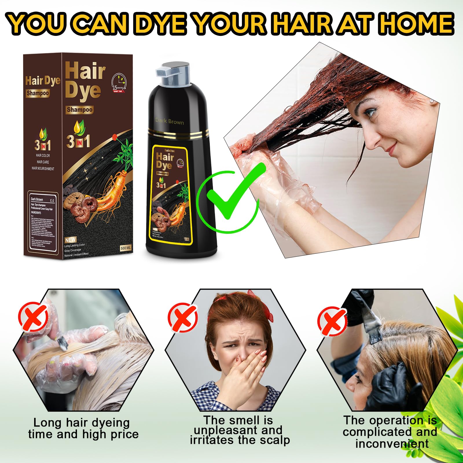 3 in 1 Herbal Dark Brown Hair Dye Shampoo for Women & Men - Natural Hair Coloring & Conditioning at Home | Perfect for Gray Coverage & Daily Hair Care