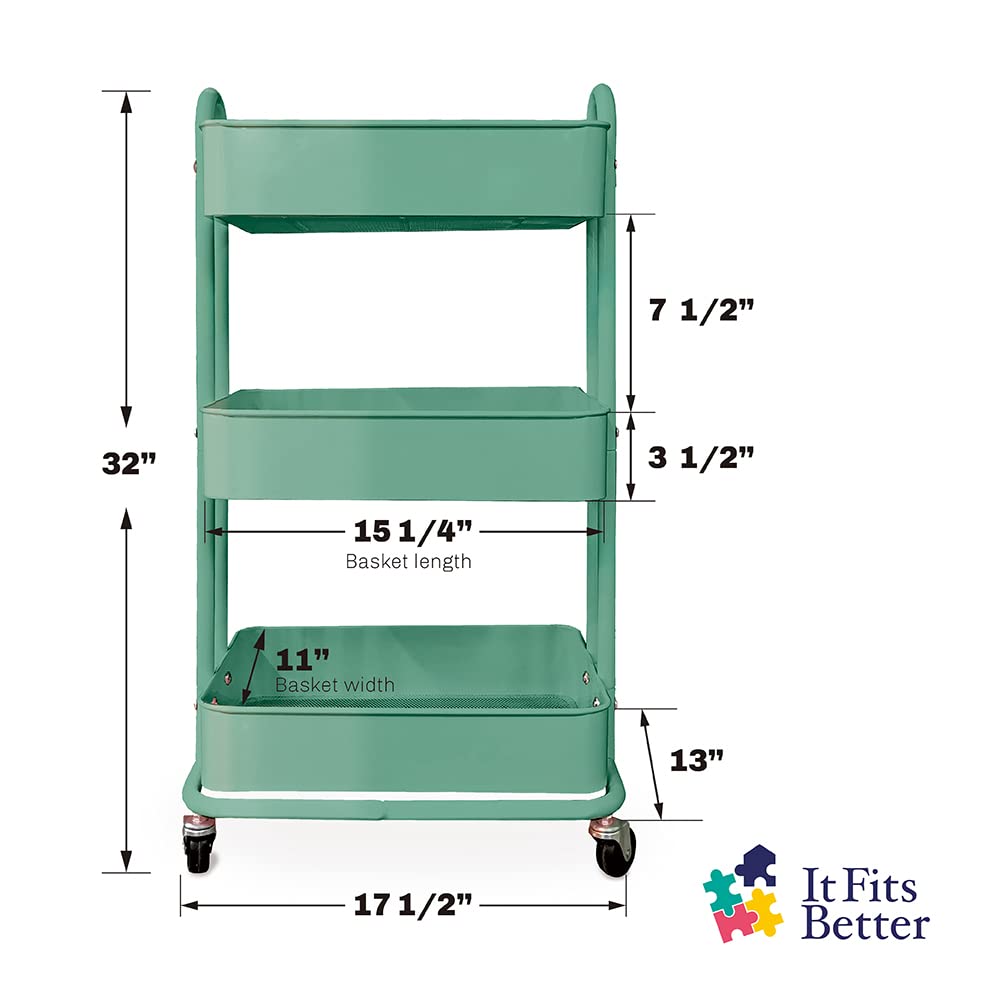 3-Tier Rolling Utility Cart with Wheels - Heavy Duty Metal Storage Organizer for Crafts, Classroom, Kitchen, Bathroom & Office - Perfect for Coffee Station, Makeup, Cleaning Supplies & Baby Items Organization