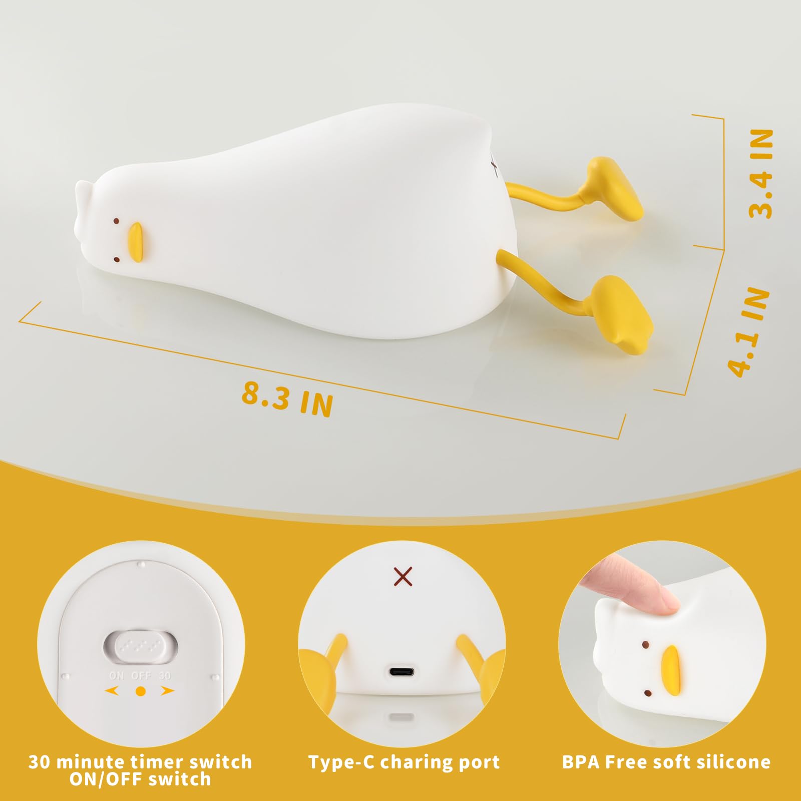 GEAMSAM Rechargeable LED Squishy Duck Night Light - Cute Silicone Dimmable Nursery Lamp, Touch Control Bedside Light for Baby Room, Breastfeeding & Kids Bedroom Decor | Perfect for Night Feeding, Relaxation & Soothing Baby to Sleep