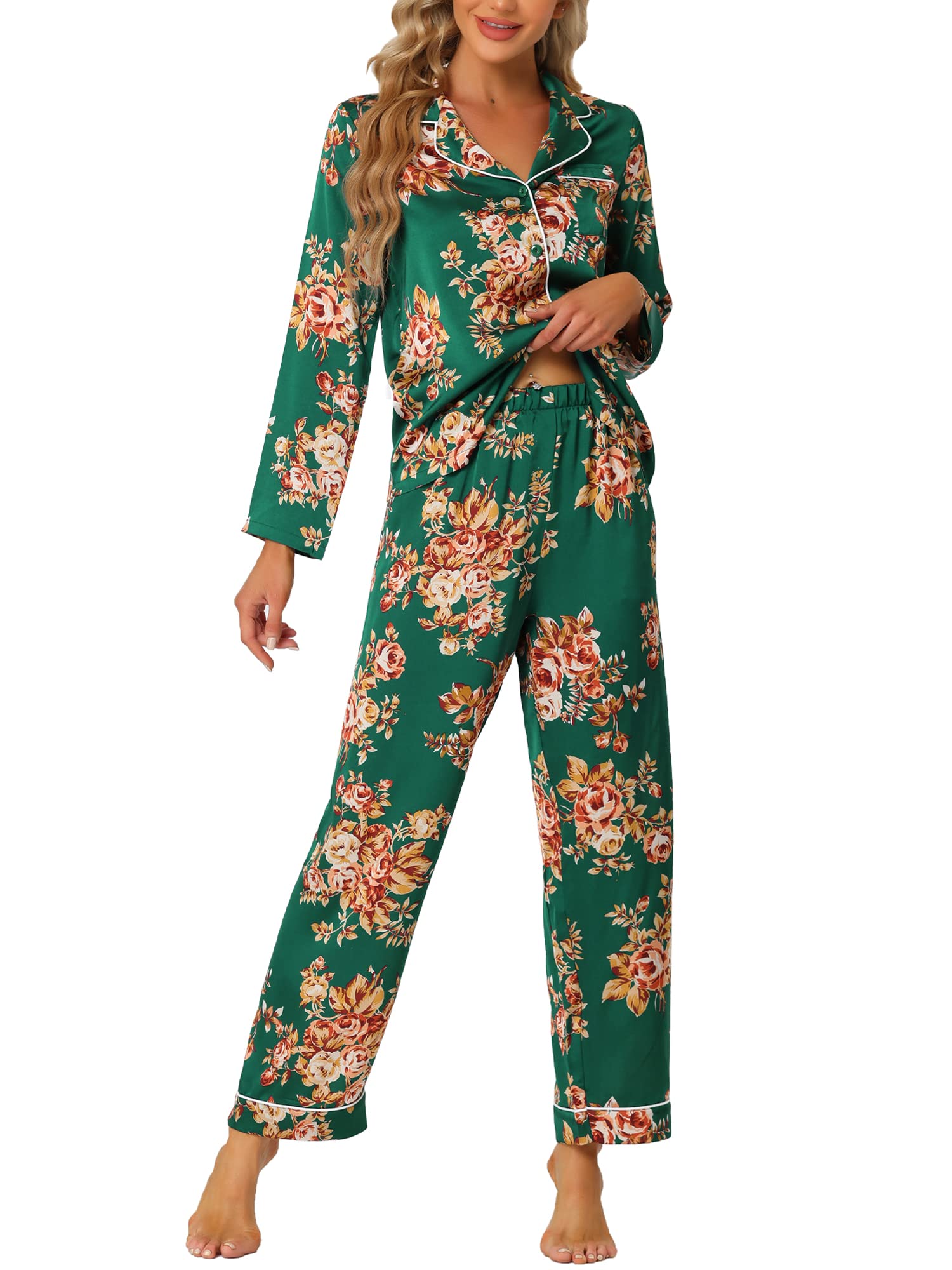 Cheibear Women's Satin Pajama Set - Long Sleeve Button Down Top & Pants Floral Sleepwear - Comfortable Lounge Wear for Nighttime Relaxation & Home Lounging