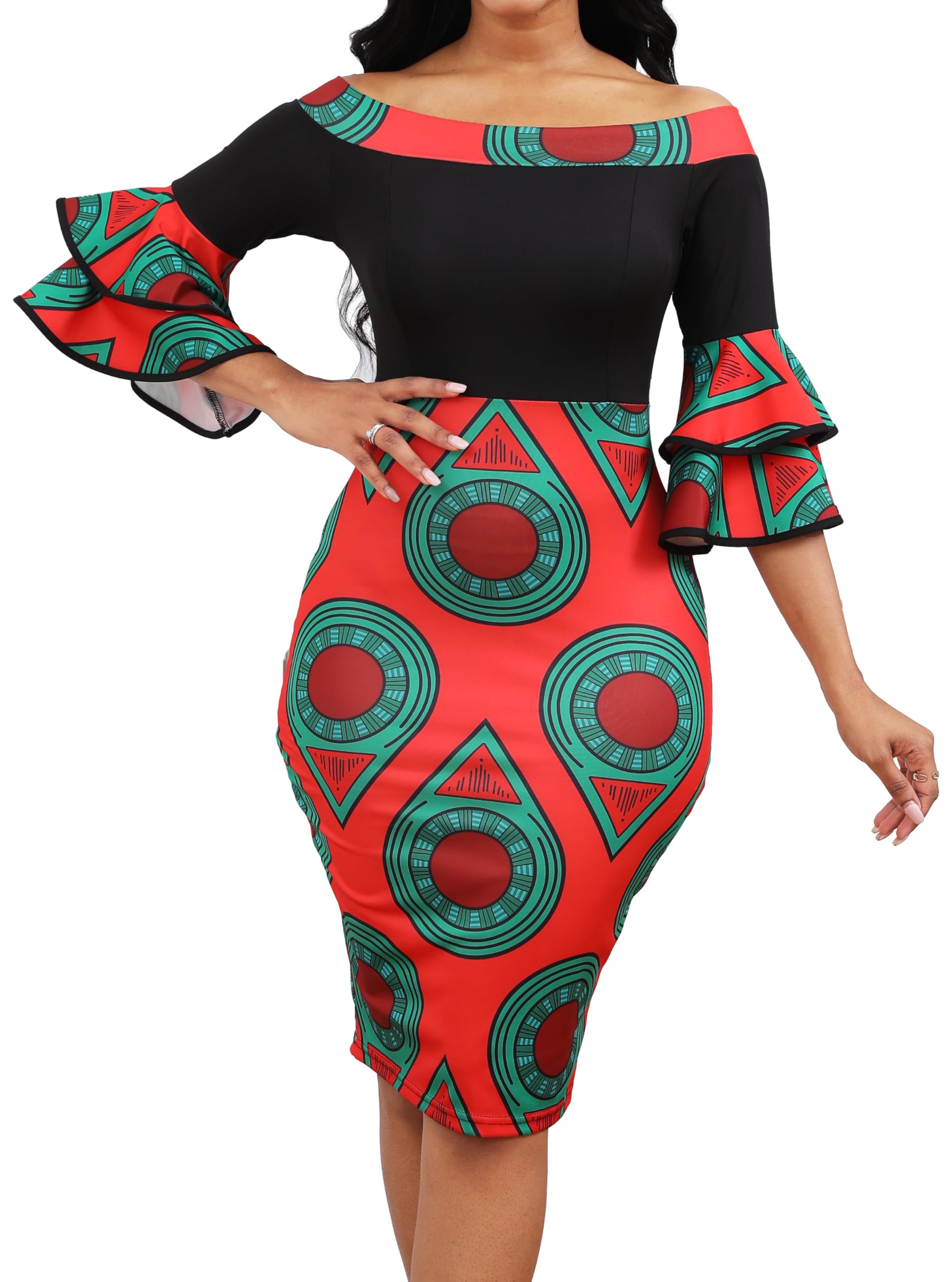 Sexy African Print Dress for Women - Elegant Off Shoulder Ruffled Sleeve Pencil Dress | Perfect for Date Night, Parties & Special Occasions