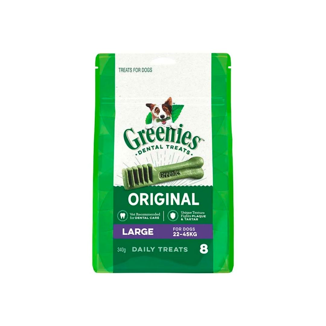 Greenies Original Large Dog Dental Chews - 8 Pack (340g) for Fresh Breath & Tartar Control - Perfect for Medium to Large Dogs' Oral Care Routine