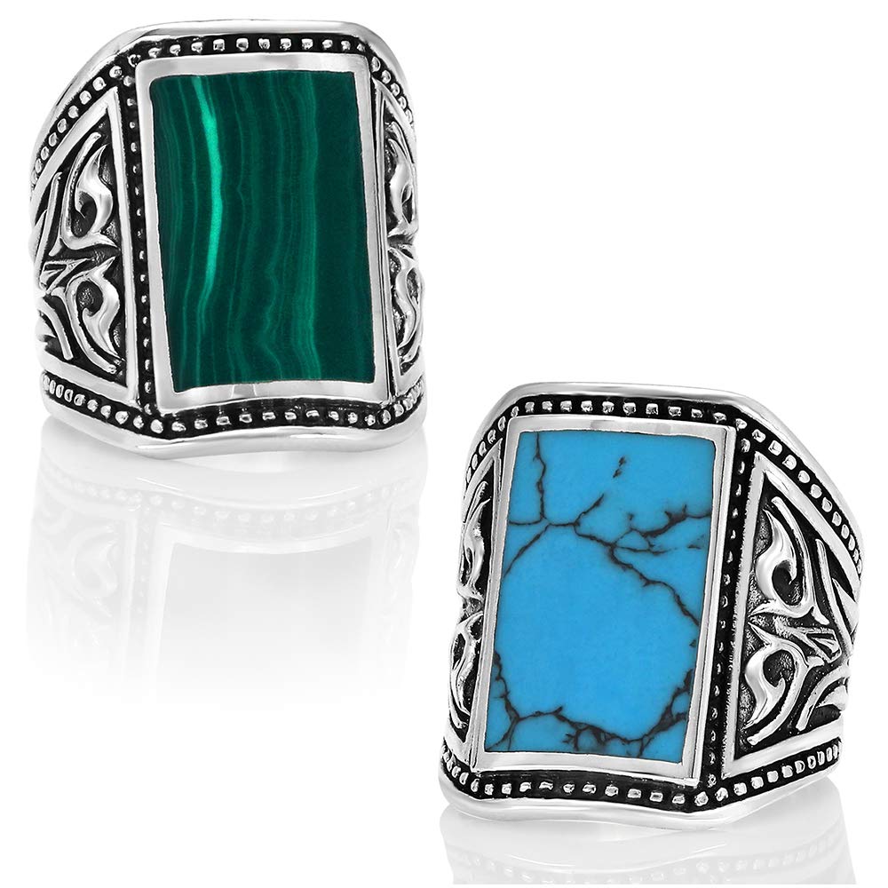 VY JEWELRY Malachite or Turquoise 925 Sterling Silver Ring for Men - Handmade Gemstone Ring Size 8-14 - Perfect for Gifts, Weddings & Everyday Wear