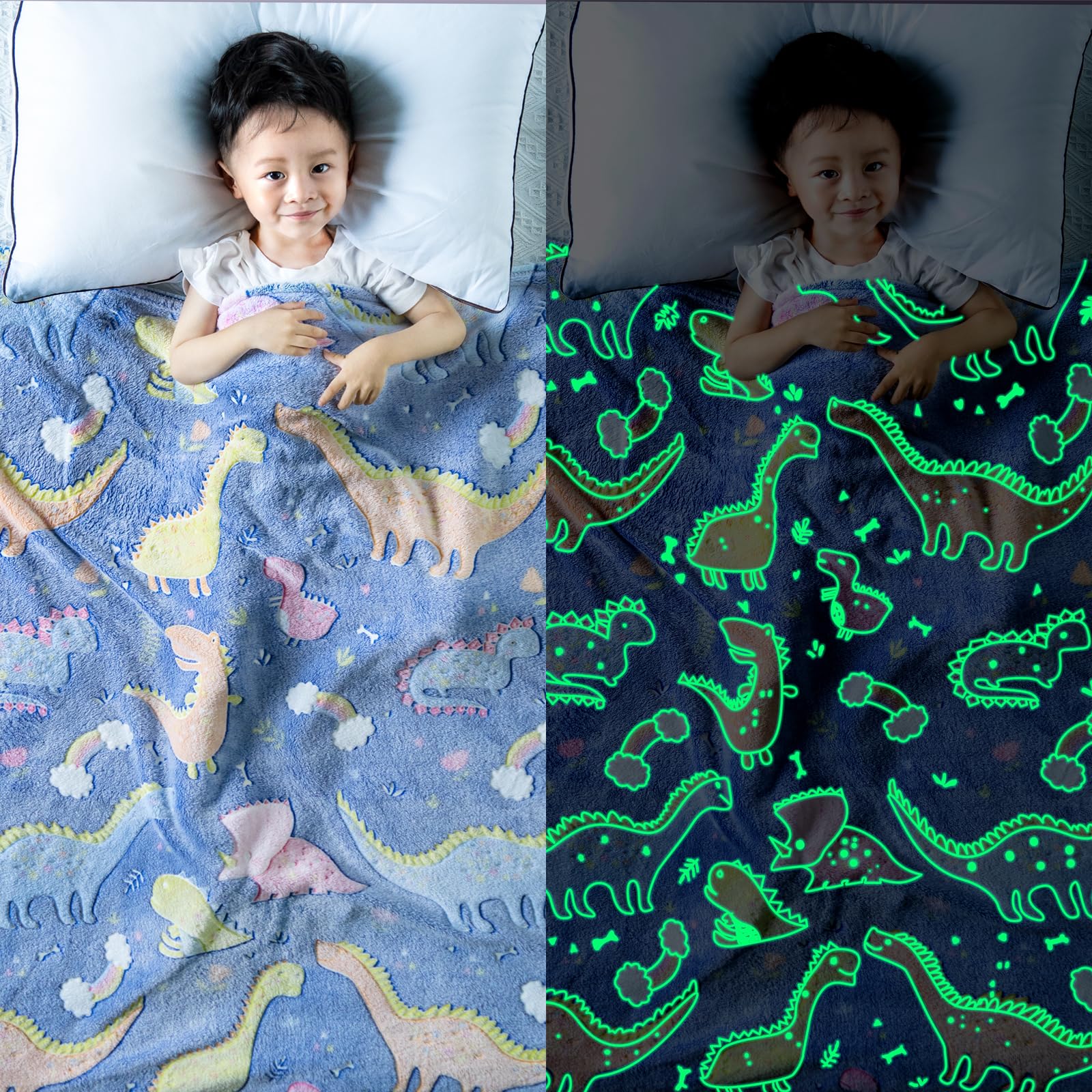 Glow in The Dark Dinosaur Blanket - Super Soft Fluffy Kids Blanket 50x60 Inches - Warm Cozy Throw Blanket for Boys, Girls & Toddlers - Perfect Gift for Birthday, Christmas & Sleepovers
