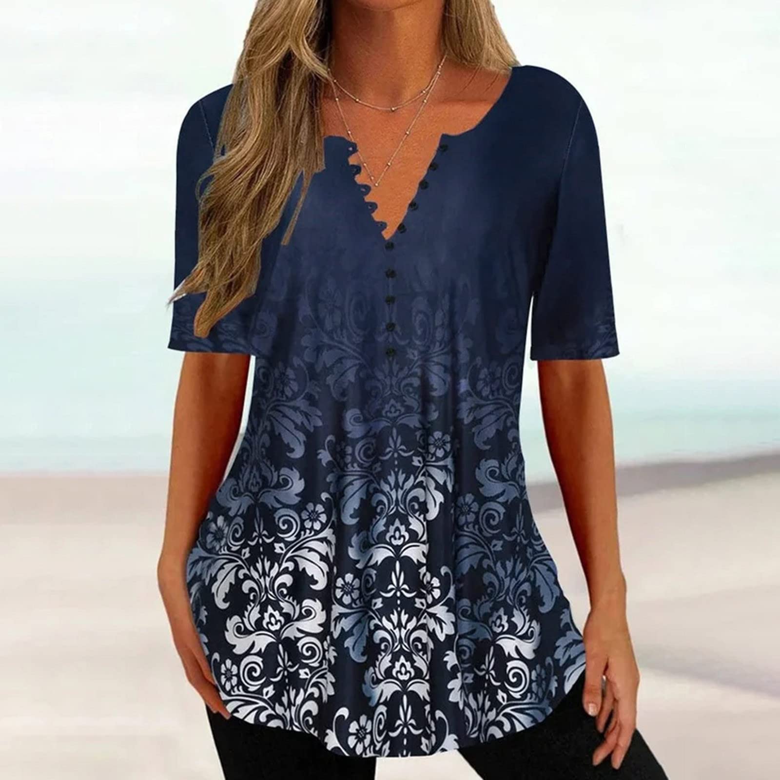 Women's Floral Printed Short Sleeve Square Neck Tunic Top - Casual & Work Blouse for Office, Date Night & Summer Outfits