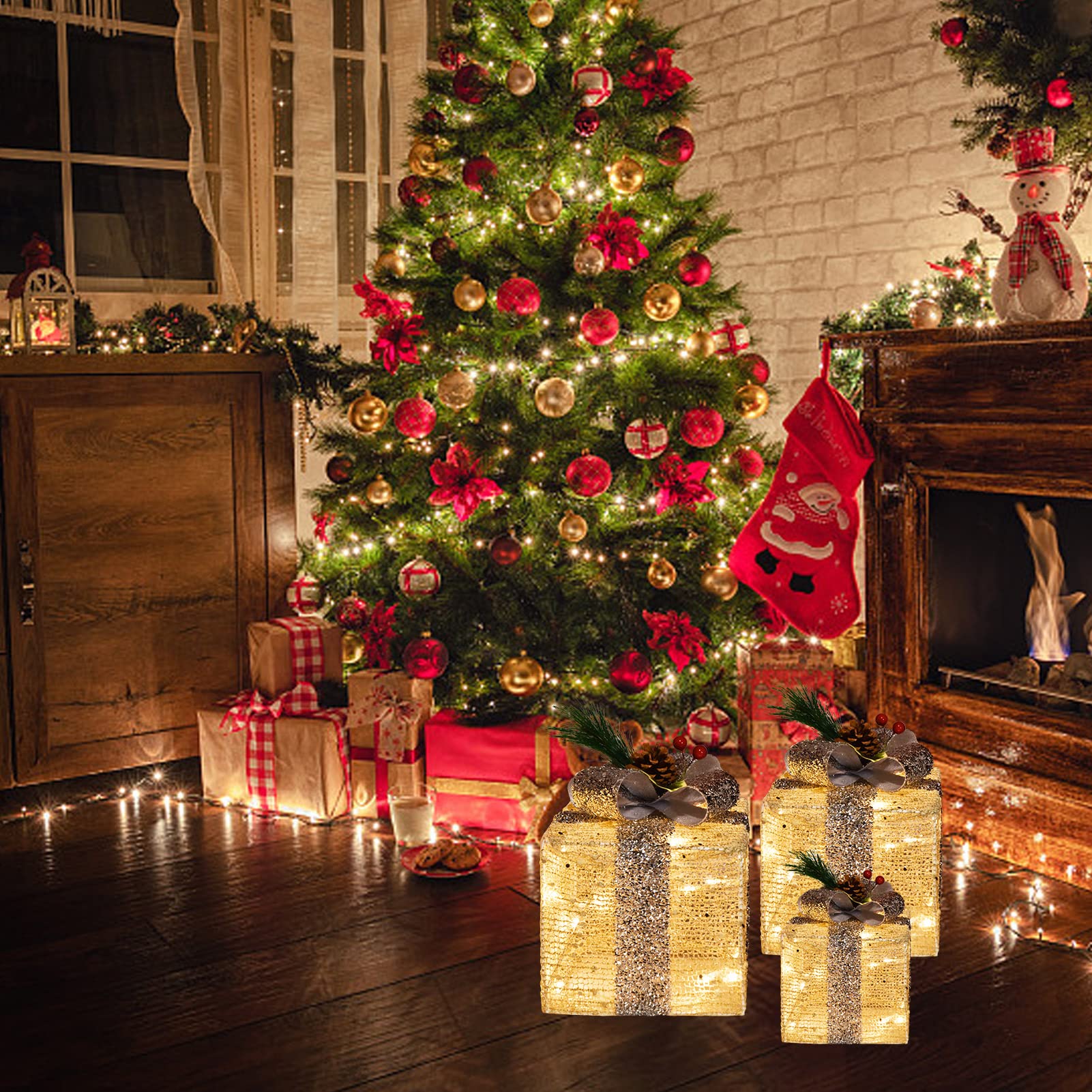 3-Pack Christmas Lighted Gift Box Decorations - 60 LED Warm White Pre-Lit Boxes, Battery Operated Holiday Decor for Xmas Tree, Home, Party | Indoor Use for Mantel, Table Centerpiece & Gift Display