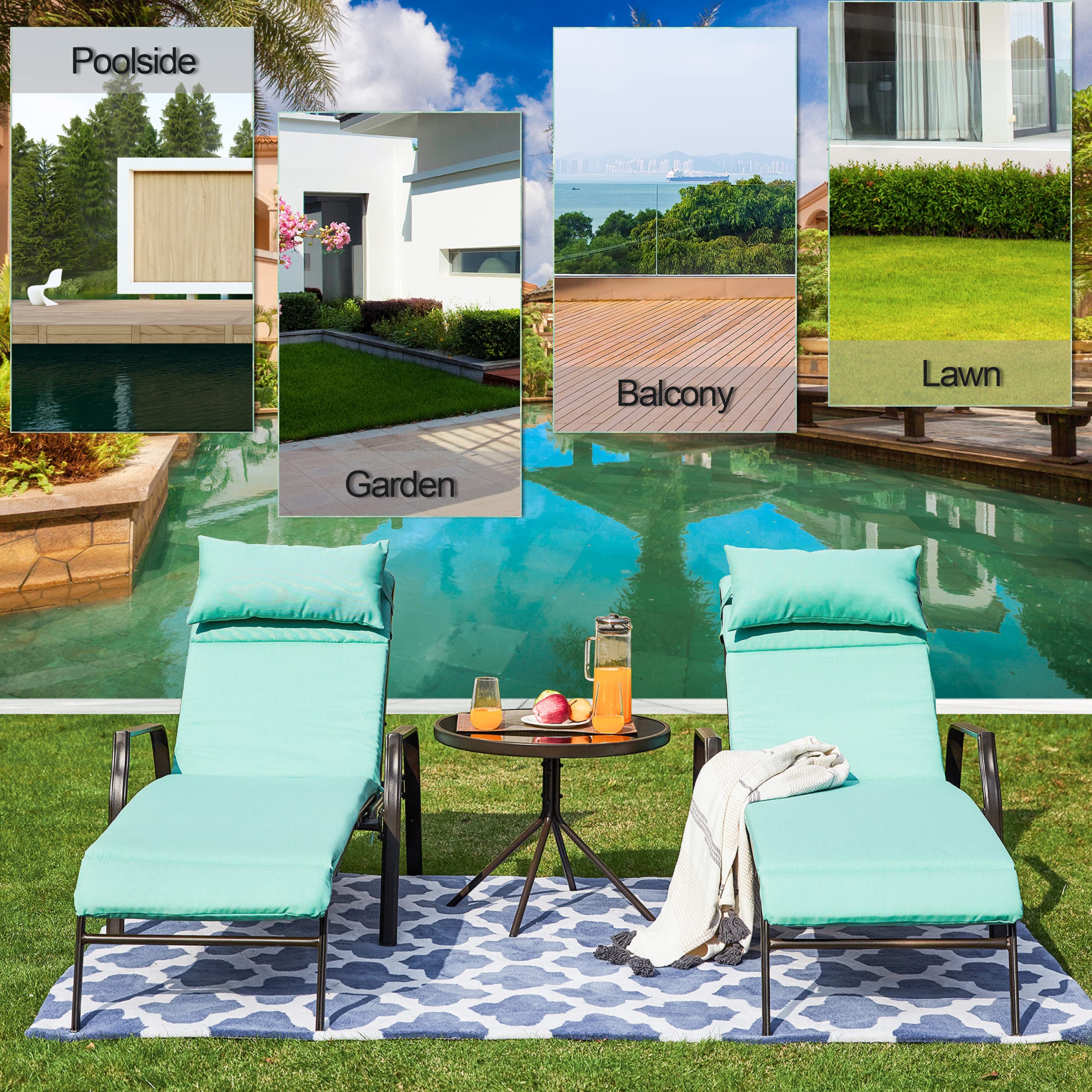 LOKATSE HOME 3-Piece Outdoor Patio Chaise Lounge Chair Set with Cushions & Side Table - Light Blue Waterproof Wicker Furniture for Poolside, Garden, Backyard Relaxation