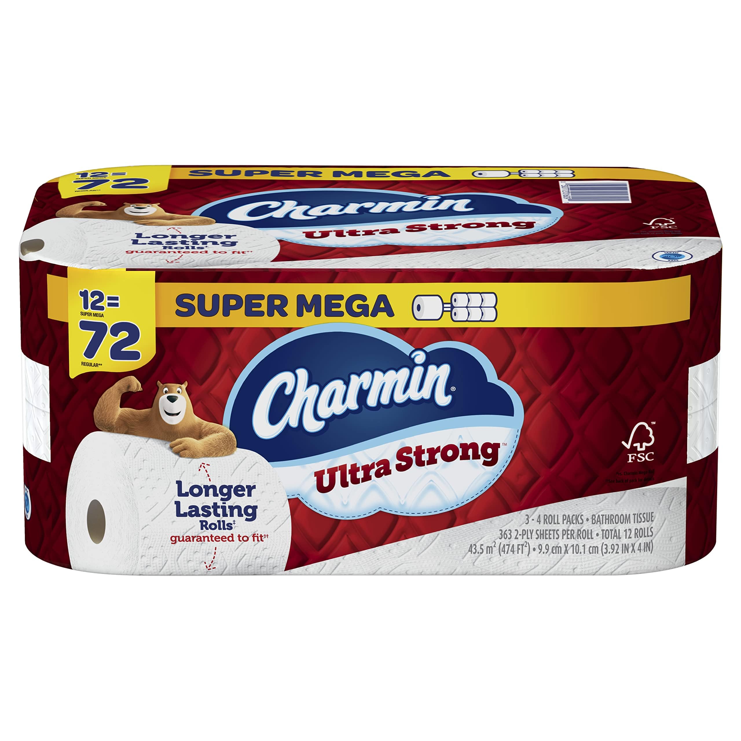 Charmin Ultra Strong Toilet Paper 12 Super Mega Rolls (363 Sheets Per Roll) | Soft & Durable Bathroom Tissue for Home & Office Use | Bulk Toilet Paper Supply for Everyday Comfort