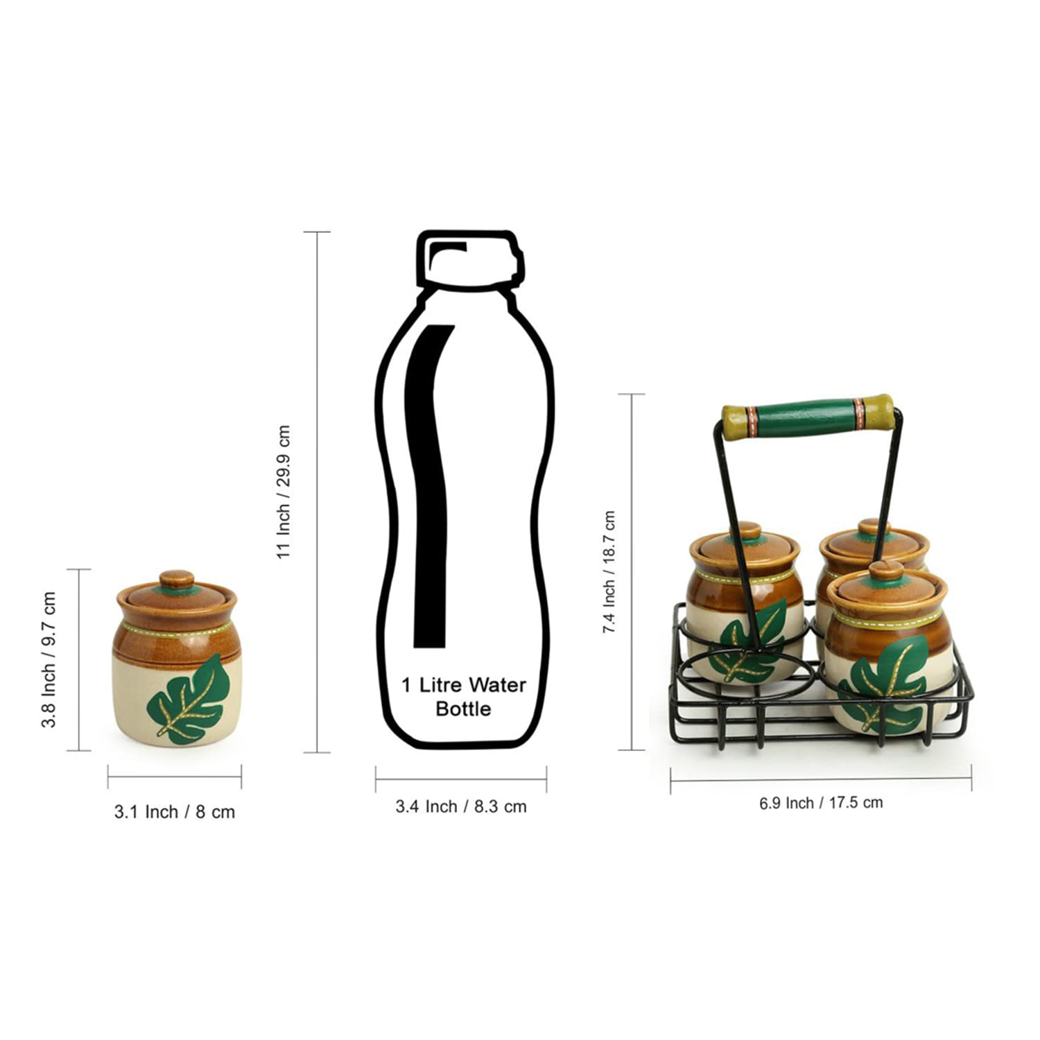 Handpainted Indian Pickle Jars Set of 4 with Lids & Iron Holder - 220ml Traditional Ceramic Achar Containers for Kitchen & Dining Table - Handmade Indian Style Pickle Jars with Spoon - Perfect for Gifting, Home Decor & Indian Cuisine Storage