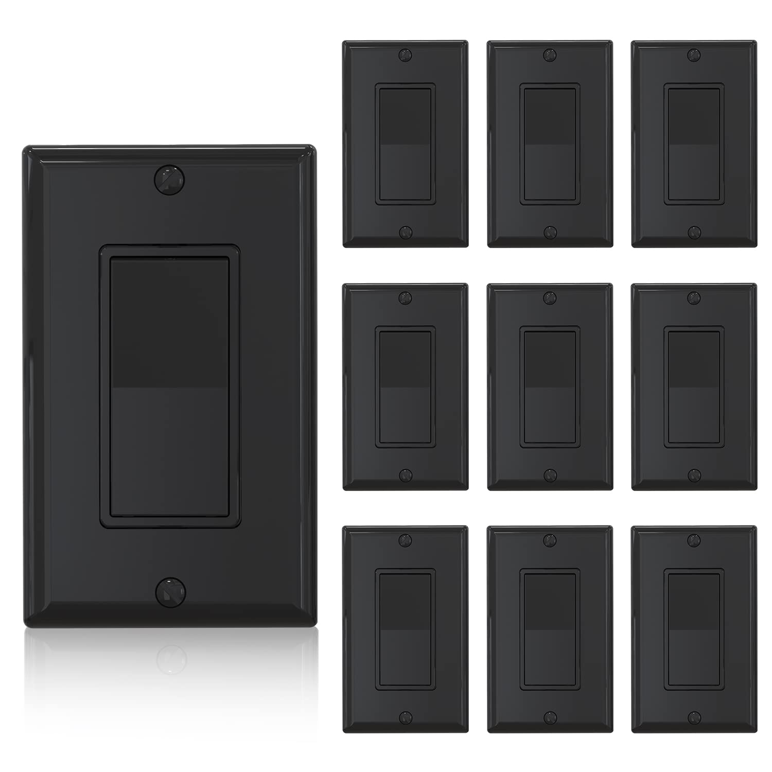 ELEGRP 15Amp 120-277V Single Pole Decorator Light Switch with Wall Plate - Paddle Rocker On/Off Switch, Self-Grounding Residential Grade, UL/CUL Certified (10 Pack Glossy Black) - Perfect for Home, Office and Commercial Lighting Control