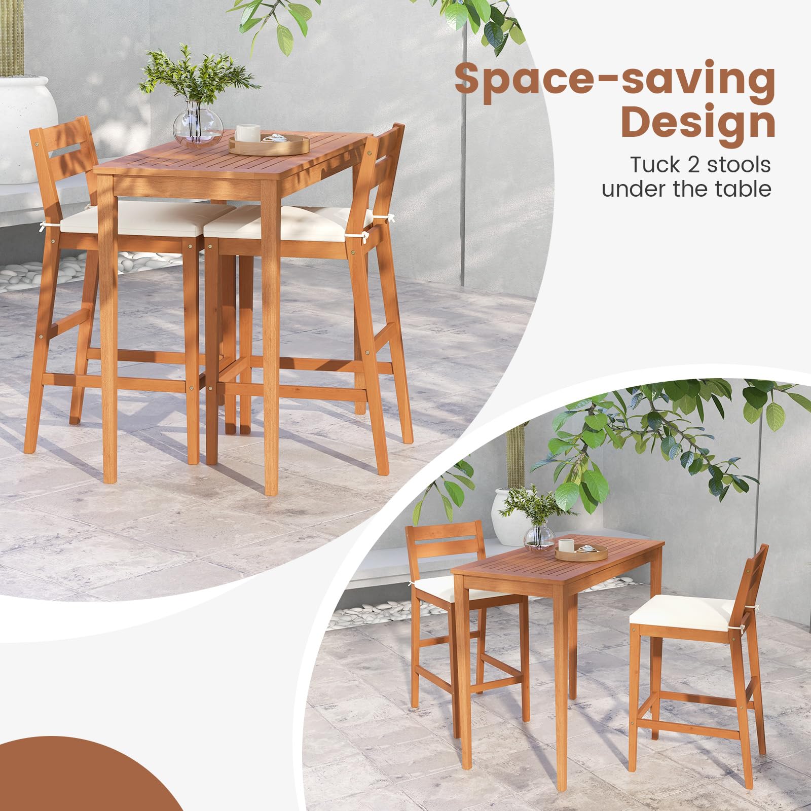 Tangkula 3-Piece Patio Bar Set - Eucalyptus Wood Outdoor Bar Table & Chairs with Cushions - Bistro Pub Dining Set for Garden, Yard, Poolside - Weather-Resistant & Durable - Perfect for Outdoor Entertaining & Relaxation
