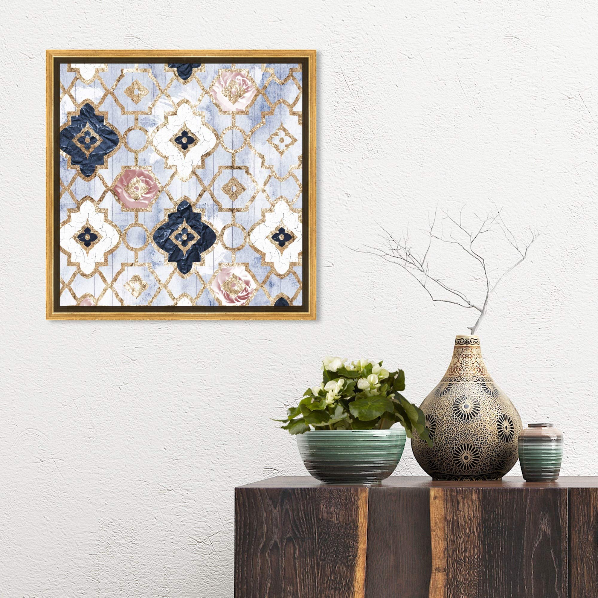 Abstract Framed Wall Art Canvas Print 'Rose Quartz Moroccan' Blue Home Decor 16x16 Inches - Perfect for Living Room, Bedroom & Office Décor
