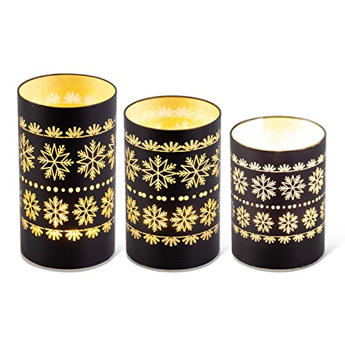 Set of 3 Matte Black Led Glass Candles W/Snowflakes (Grad Sizes)