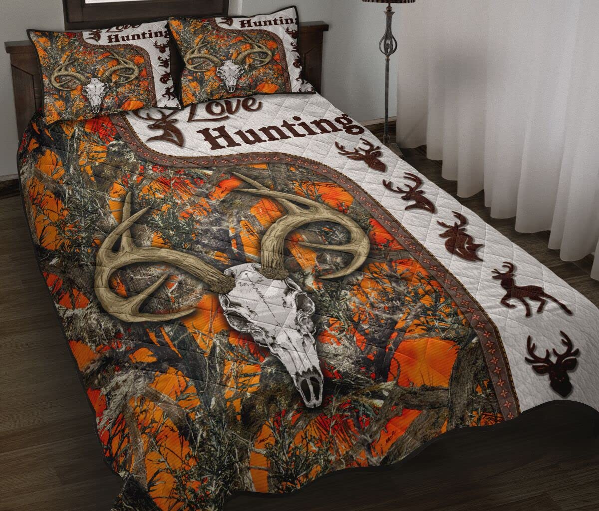 Orange Camo Hunting Quilt Set - Deer Pattern Comforter for Queen, King & Twin Beds - Warm Throw Blanket for Hunting Lodge & Cabin Decor - Perfect for Outdoor Enthusiasts & Wildlife Lovers