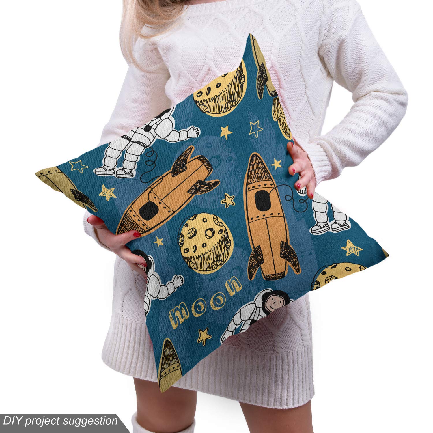 Ambesonne Astronaut Fabric by The Yard - Outer Space Rocket, Stars, Planets & Moon Landing Galaxy Print - Decorative Upholstery Fabric for DIY Home Decor, Curtains, Pillows & Crafts - 10 Yards, Dark Sky Blue & Apricot - Perfect for Space-Themed Bedrooms, Kids Rooms & Sci-Fi Decor